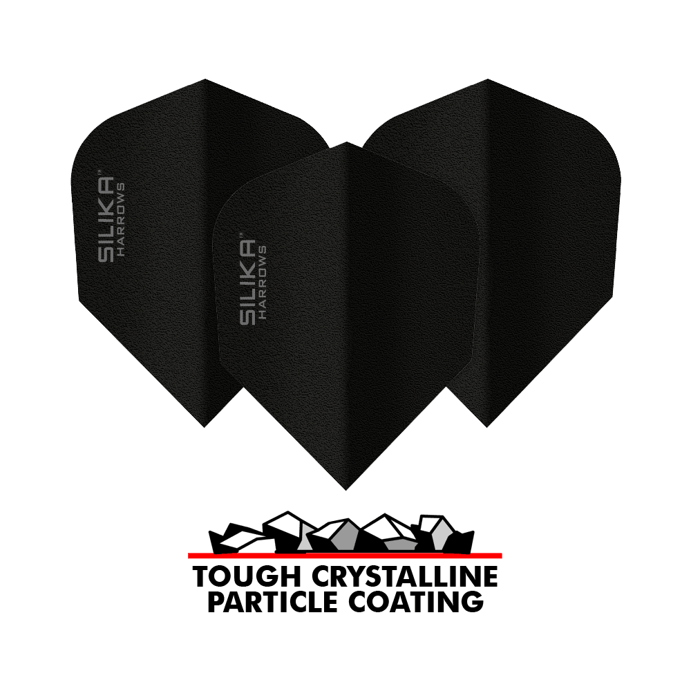 Das Bild zeigt drei schwarze Dart-Flights der Marke Harrows Silika mit der Aufschrift "SILIKA HARROWS". Unter den Flights befindet sich ein Logo mit der Aufschrift "TOUGH CRYSTALLINE PARTICLE COATING".