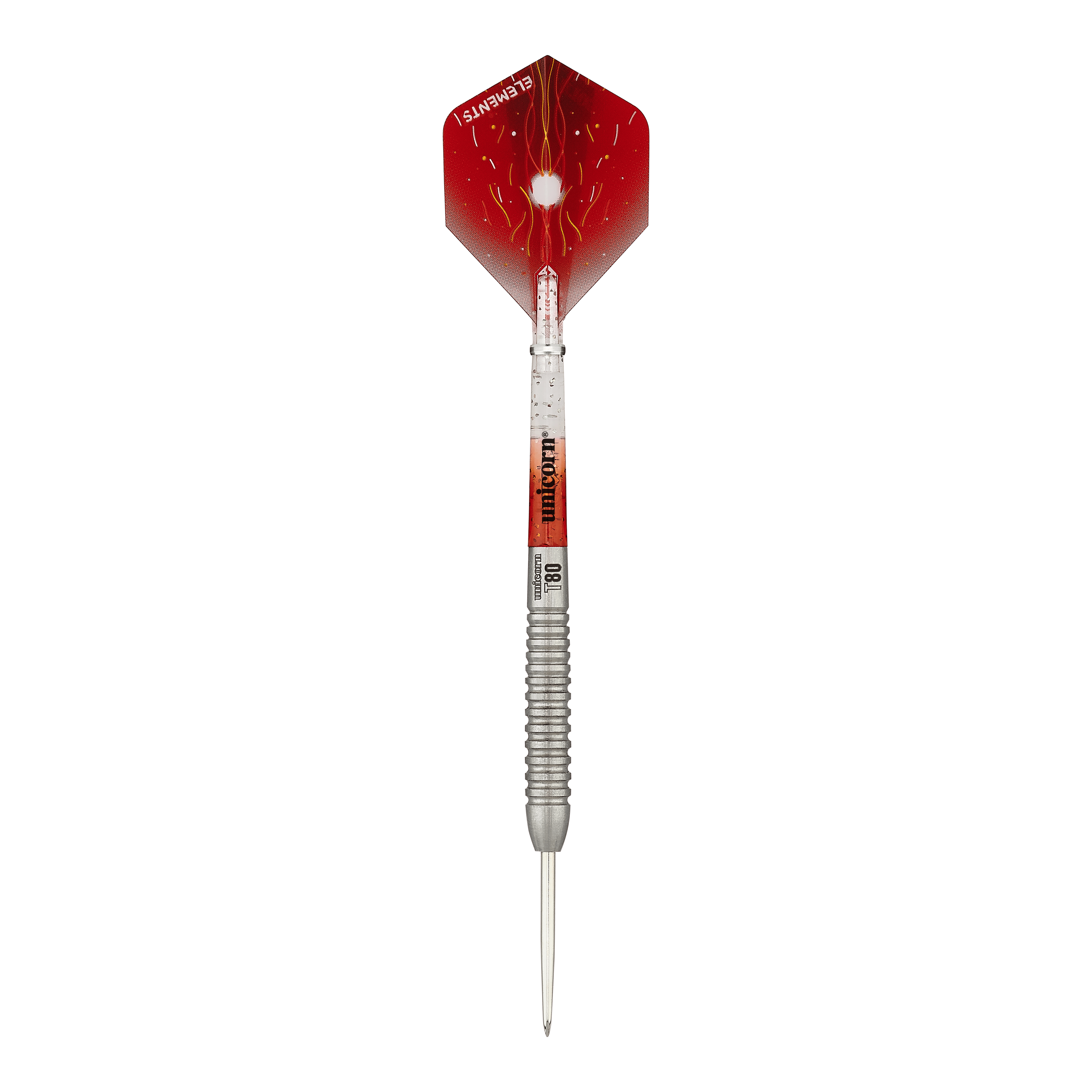 Fléchettes en acier Unicorn Core XL Striker Style 5 Das Bild zeigt einen Unicorn Core XL Striker Style 5 Steeldart. Der Dart hat einen silbernen Schaft und eine rot designte Flights.