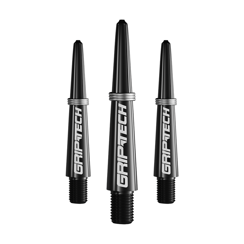 Tiges GOAT Griptech - Noires Das Bild zeigt drei schwarze Dartschäfte mit der Aufschrift „GRIPTECH“. Sie sind in einer Reihe angeordnet und haben silberne Ringe am oberen Ende.