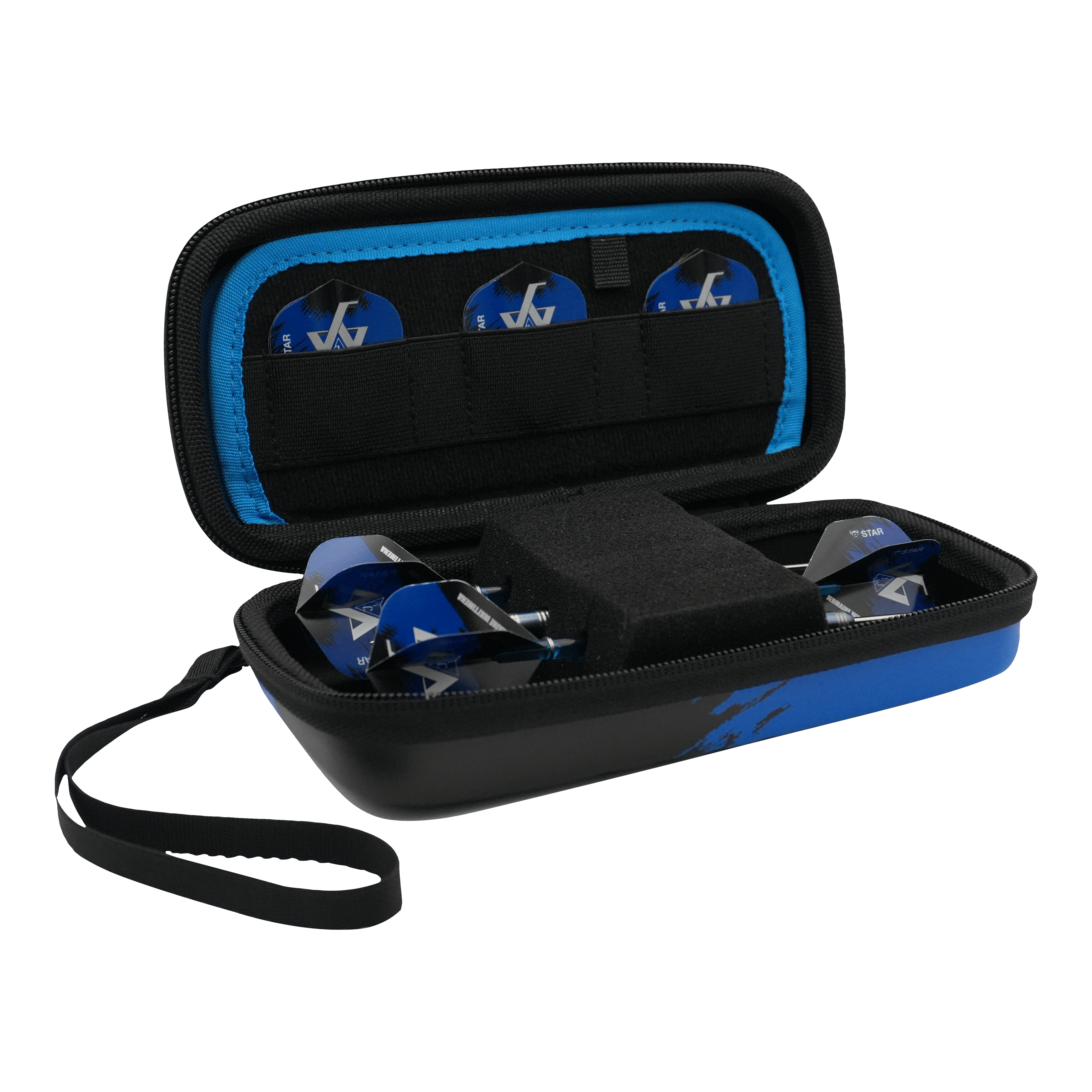 Étui à fléchettes Bulls Orbis S Jermaine Wattimena Das Bild zeigt das Bulls Orbis S Jermaine Wattimena Dartcase, das geöffnet ist. Im Inneren befinden sich blaue Darts und mehrere Dartflights ordentlich verstaut.