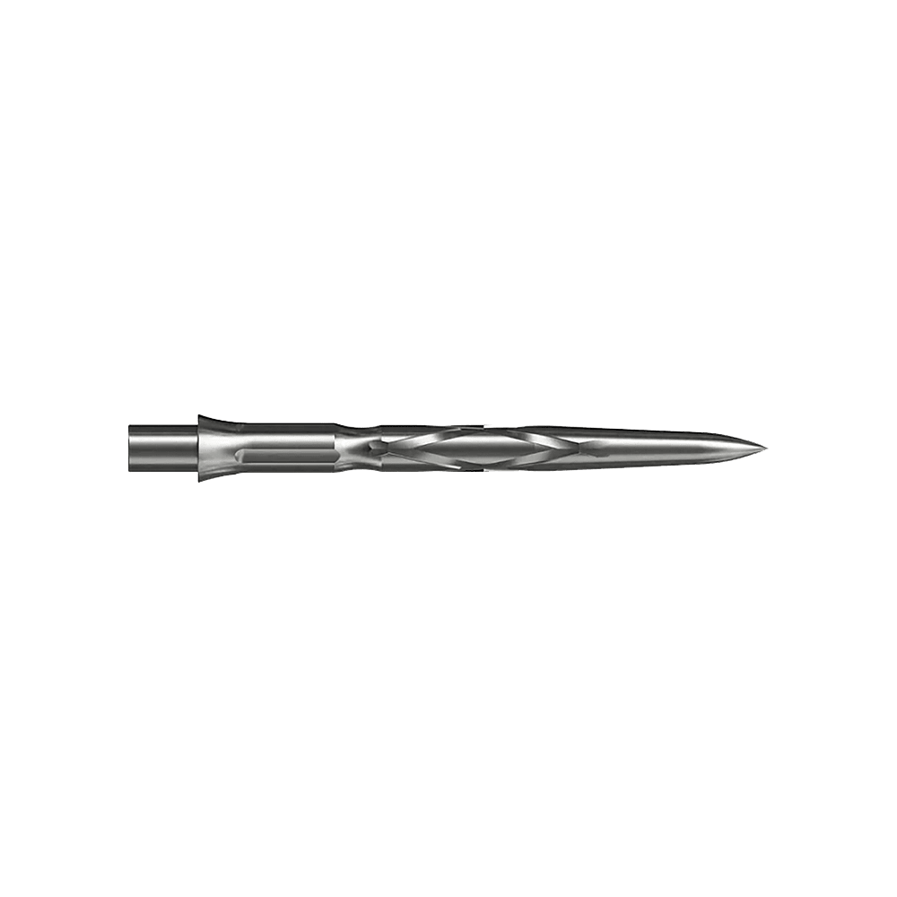 Pointes de fléchettes en acier Caliburn System - HAN G2 - Argent Auf dem Bild ist eine silberne Steeldartspitze mit einem spiralförmigen Muster zu sehen. Sie ist schmal und hat eine spitz zulaufende Form.