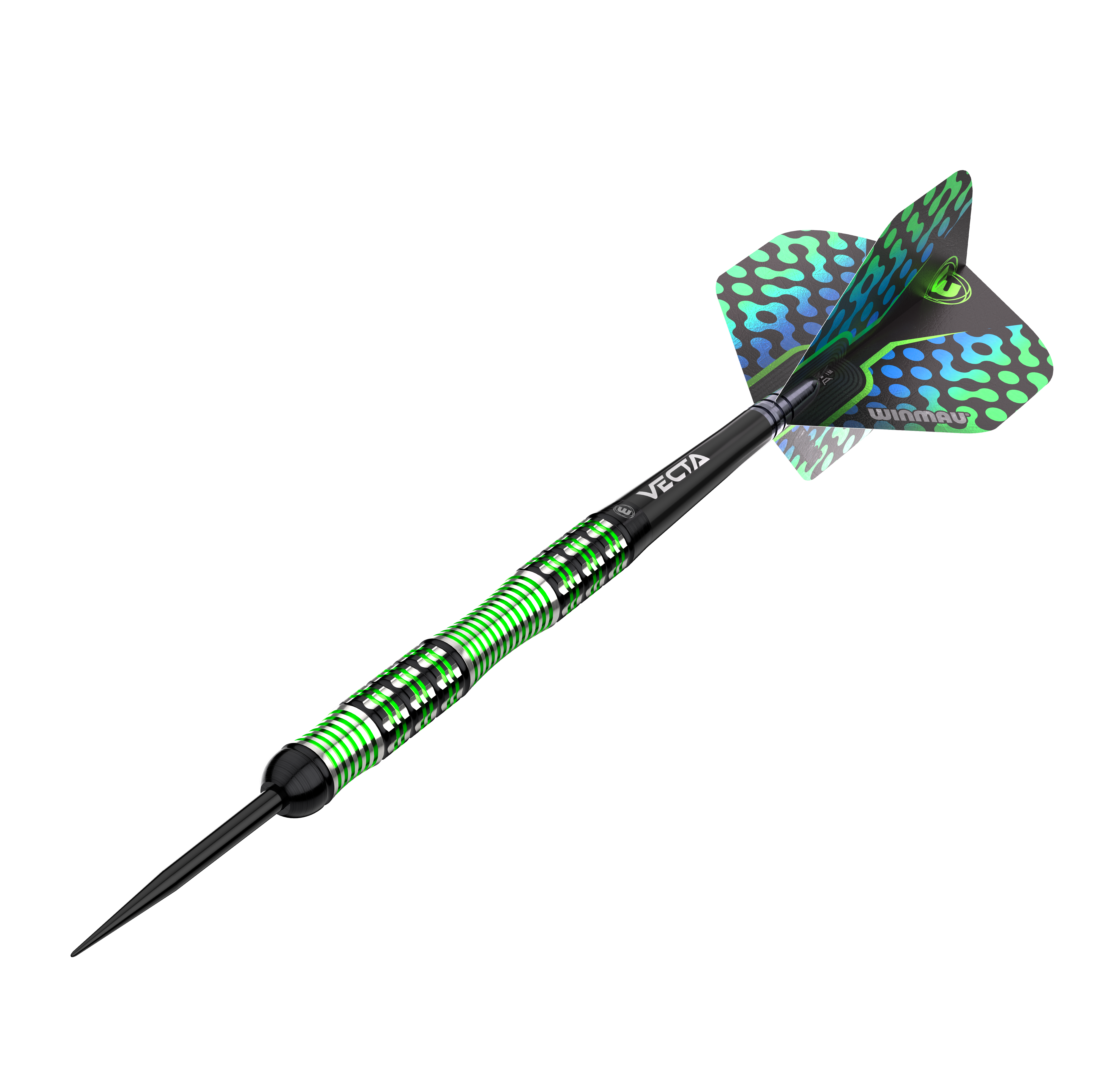 Fléchettes en acier Winmau Brendan Dolan Das Bild zeigt einen Winmau Brendan Dolan Steeldart. Der Dart hat ein auffälliges Design mit grünen und schwarzen Akzenten.