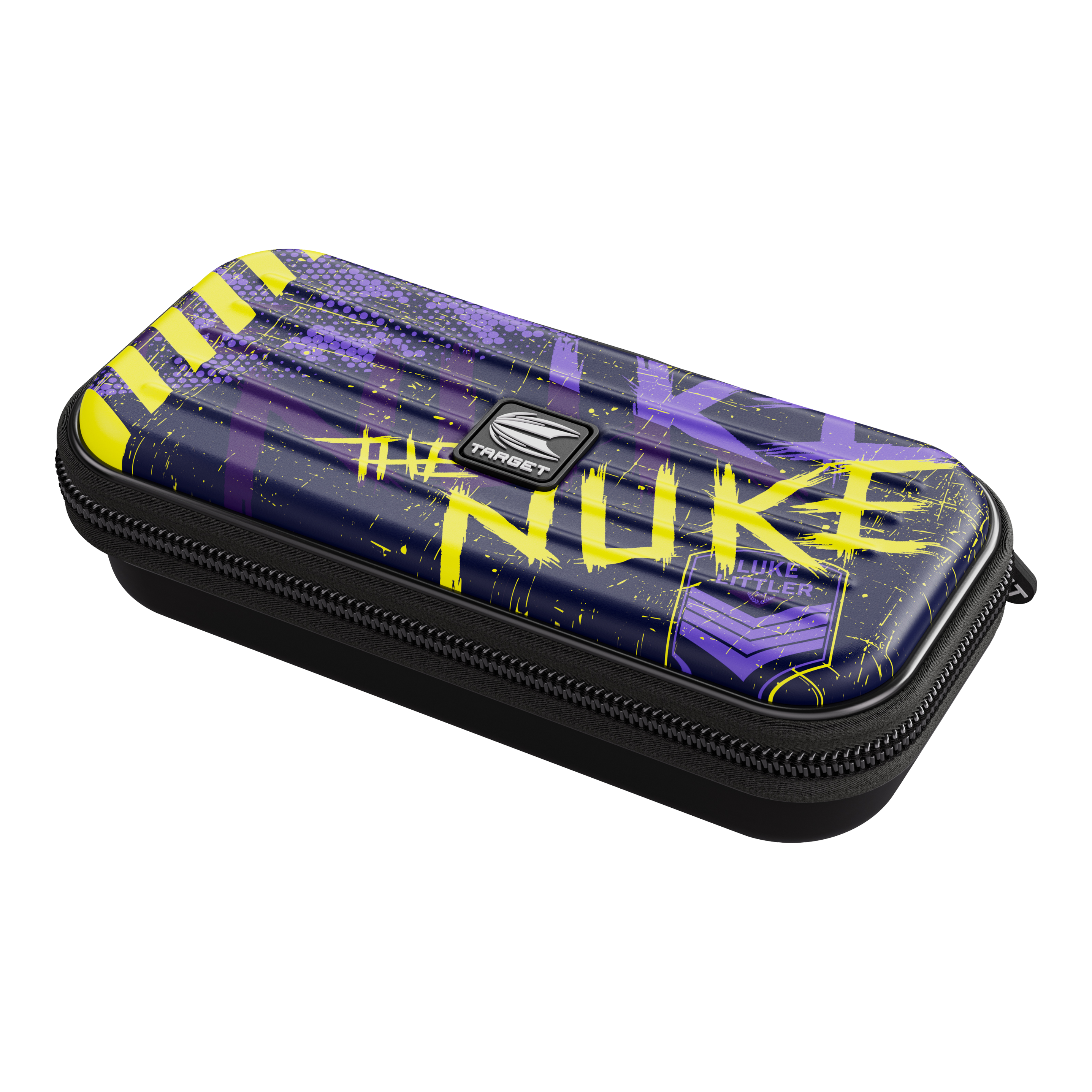 Étui à fléchettes Target Takoma Luke Littler Das Bild zeigt das Dartcase "Target Takoma Luke Littler" in dunklem Design mit gelben und violetten Akzenten. Auf dem Etui steht auffällig das Wort "NUKE" sowie der Name "Luke Littler".