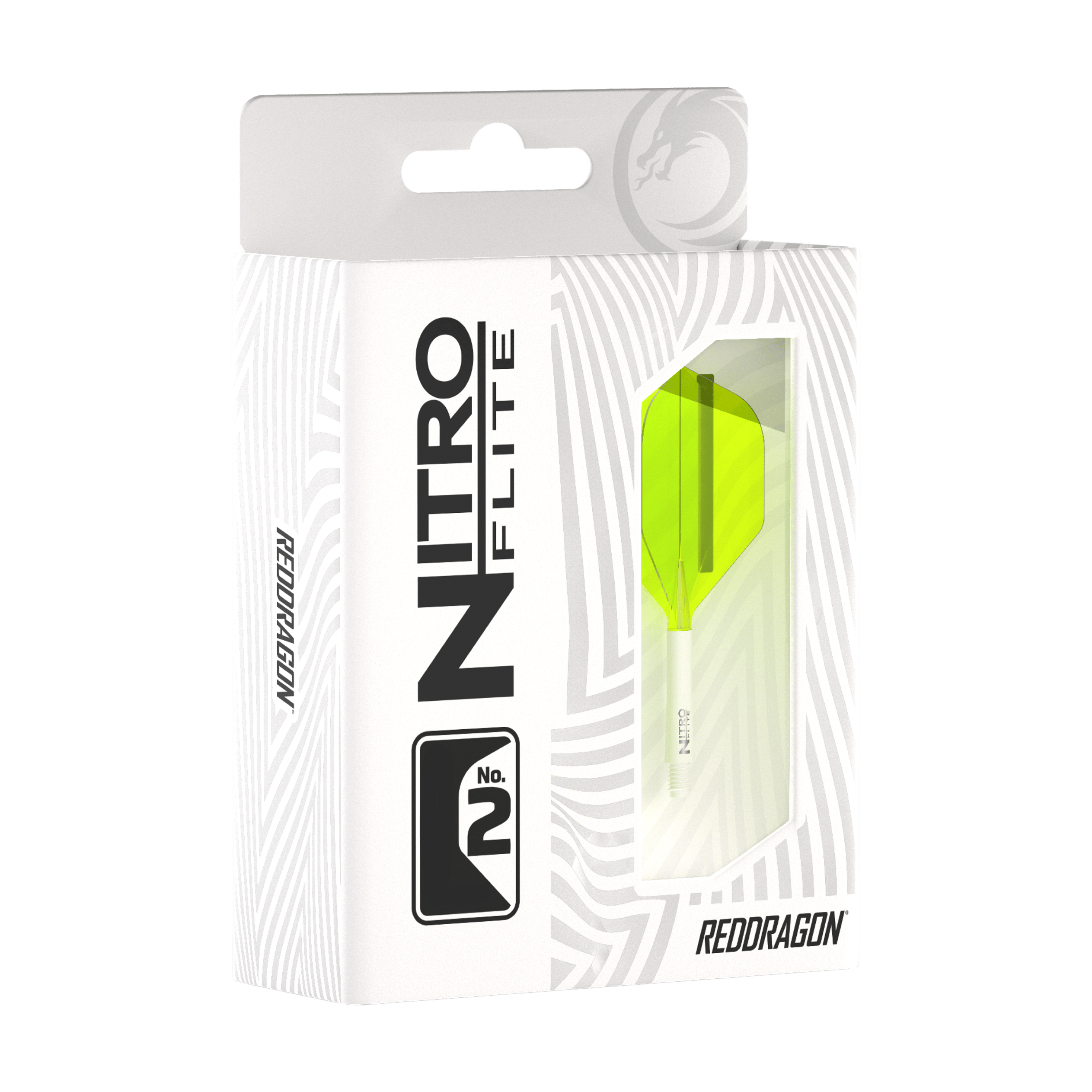 Red Dragon Nitroflite - Tige blanche Ailettes jaunes n°2 Die Abbildung zeigt eine Verpackung des Produkts "Red Dragon Nitroflite - White Shaft Yellow No2 Flights". In der Schachtel ist ein gelber Dart-Flügel mit weißem Schaft sichtbar.