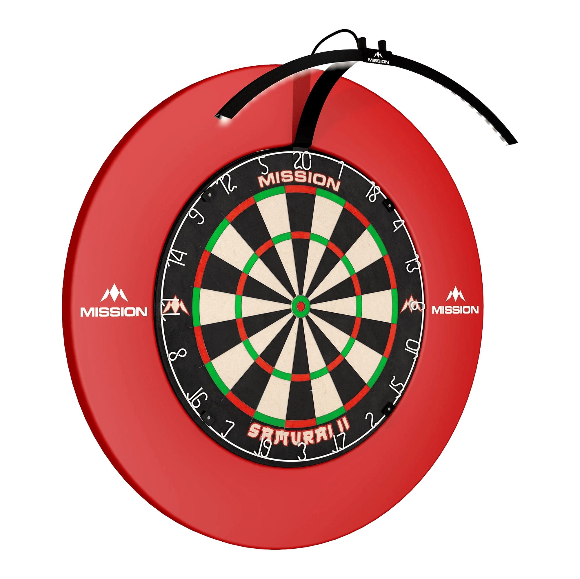 Éclairage LED pliable pour cible de fléchettes Mission Torus 100 Das Bild zeigt das "Mission Torus 100 Faltbare LED Dartboard Beleuchtung" an einem Dartboard befestigt. Die LED-Beleuchtung sorgt für eine optimale Ausleuchtung der Dartscheibe.