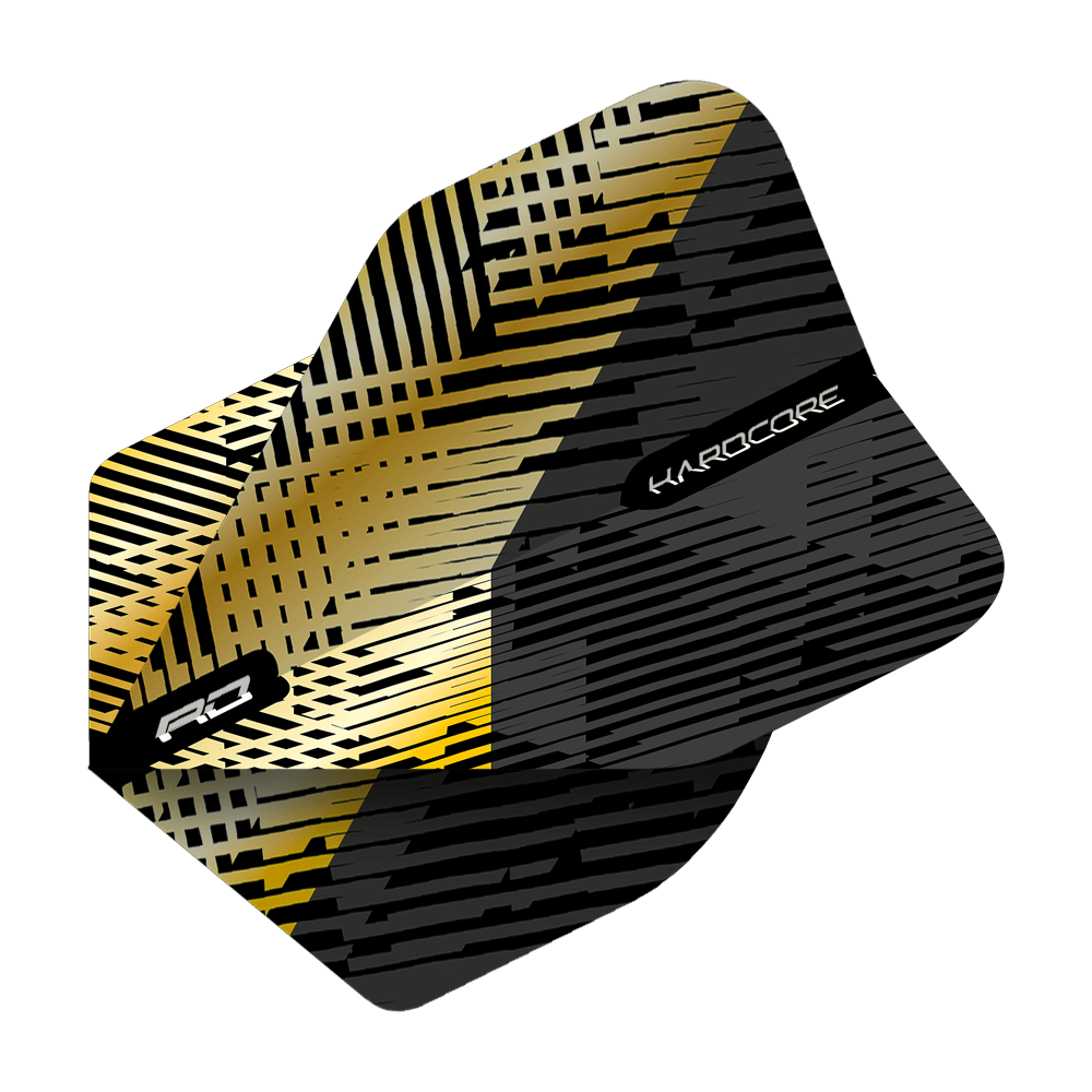 Das Bild zeigt das Produkt "Red Dragon Hardcore Premium Gold Black Fleck Standard Flights." Das Design besteht aus goldenen und schwarzen Linien mit auffälligen Mustern.