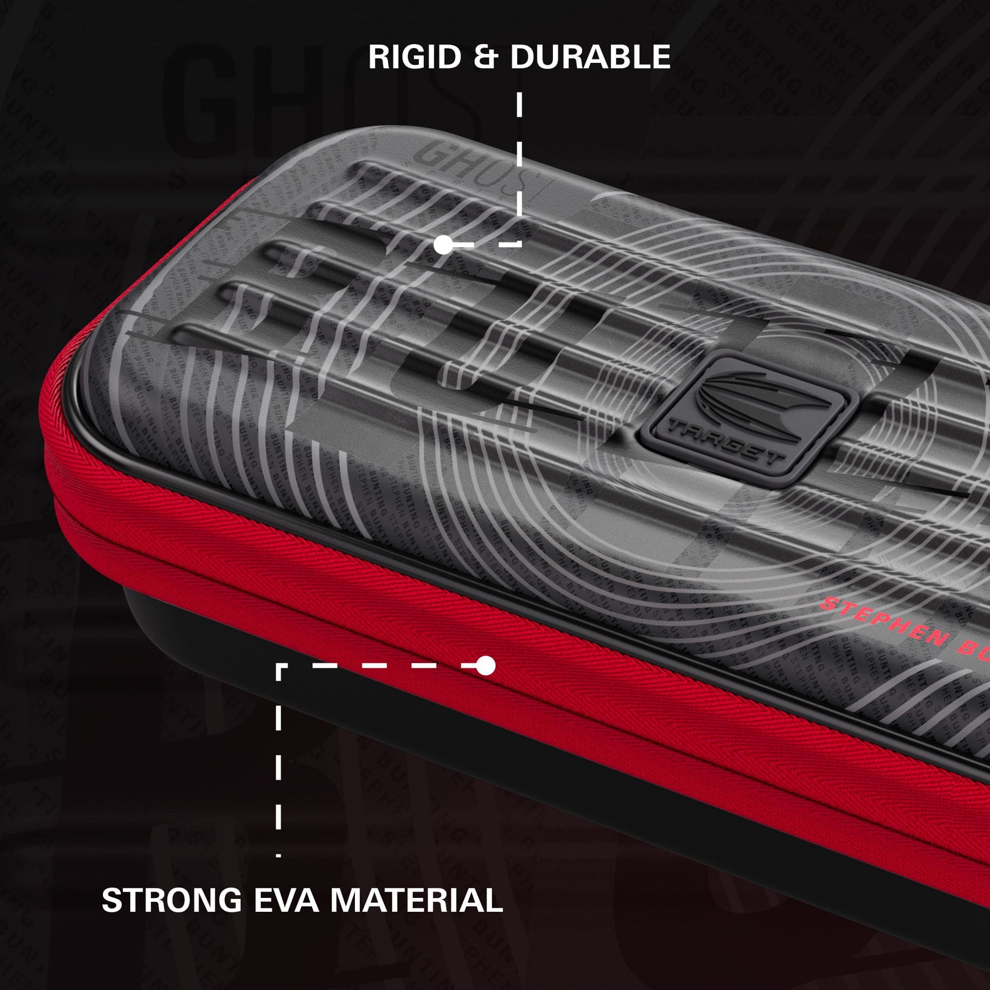 Étui à fléchettes Stephen Bunting de la série Takoma Ghost Auf dem Bild ist das Takoma Ghost Series Stephen Bunting Dartcase zu sehen. Es ist eine Schutztasche für Darts mit dem Design von Stephen Bunting.