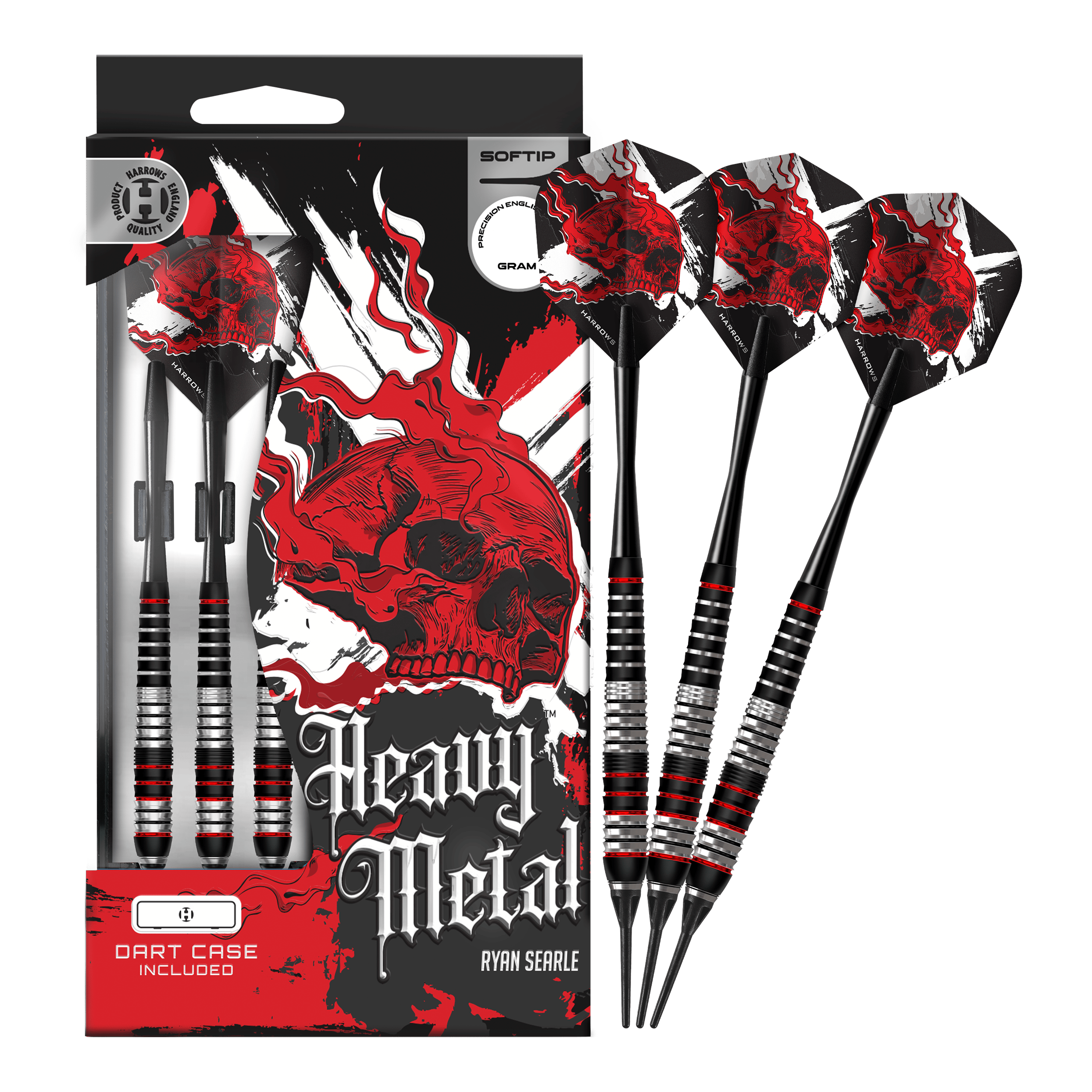 Fléchettes souples en laiton Ryan Searle Harrows Heavy Metal Das Foto zeigt die Harrows Heavy Metal Ryan Searle Brass Softdarts in voller Länge. Die Darts sind komplett abgebildet und liegen nebeneinander.