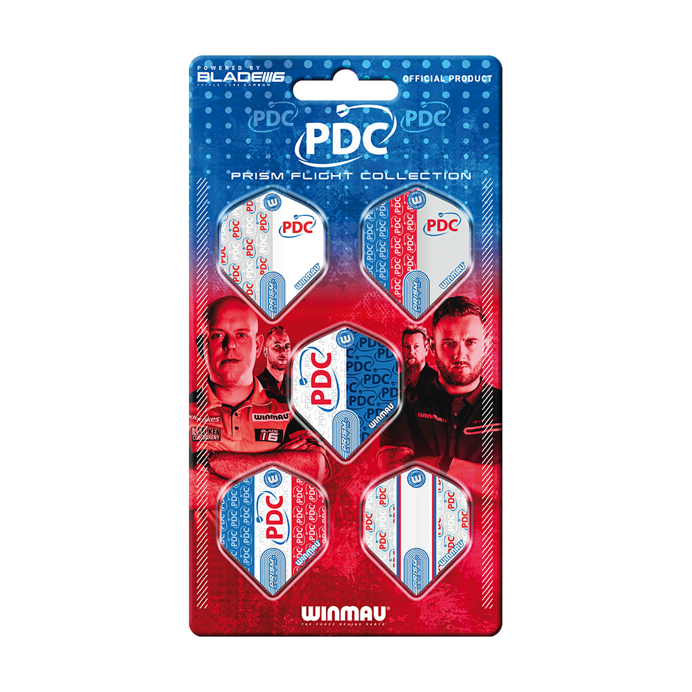 Collection de vols Winmau PDC Prism Das Bild zeigt die "Winmau PDC Prism Flight Collection", eine offizielle Sammlung von Dart-Flights. Die Verpackung ist blau-rot gestaltet und zeigt fünf verschiedene Flights sowie Bilder von Dartspielern.