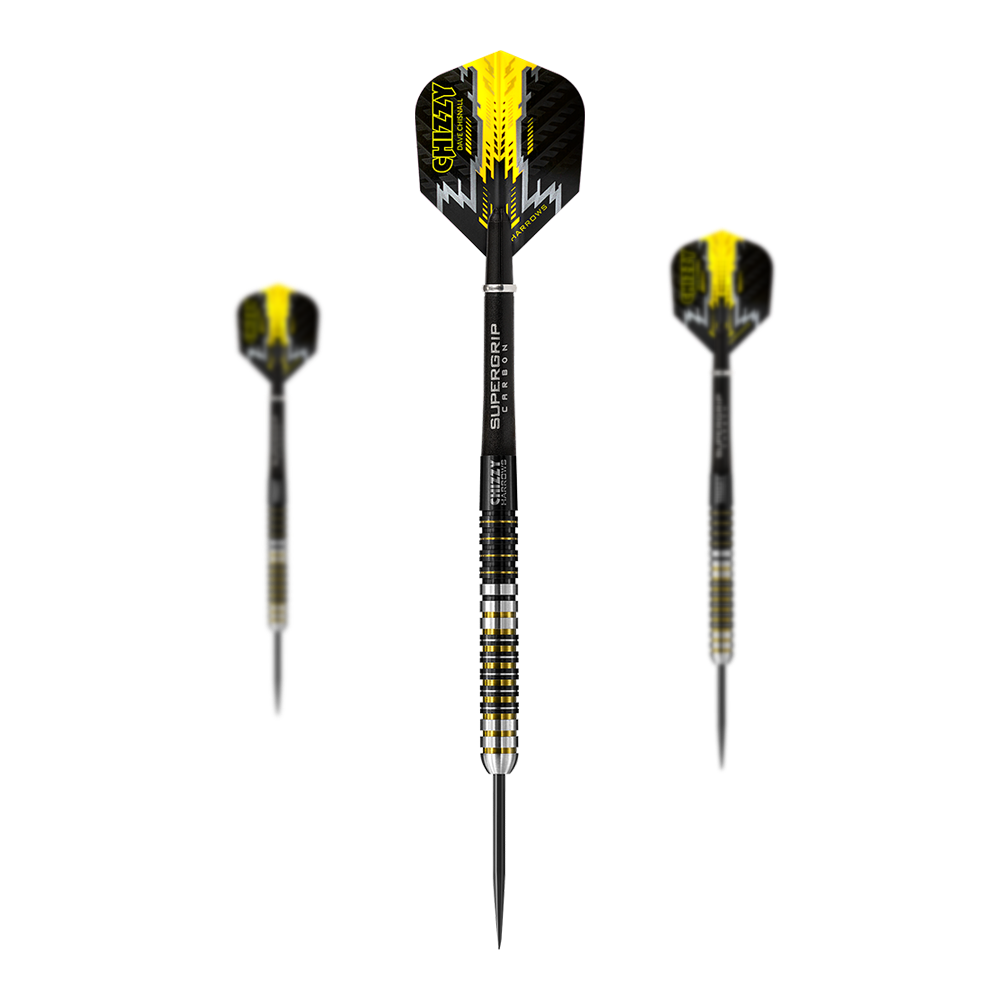 Dave Chisnall de Harrow, fléchettes en acier Chizzy Das Bild zeigt drei Steeldarts des Modells "Harrows Dave Chisnall Chizzy". Die Darts sind schwarz-gelb gestaltet und haben die Aufschrift "CHIZZY" auf den Flights.