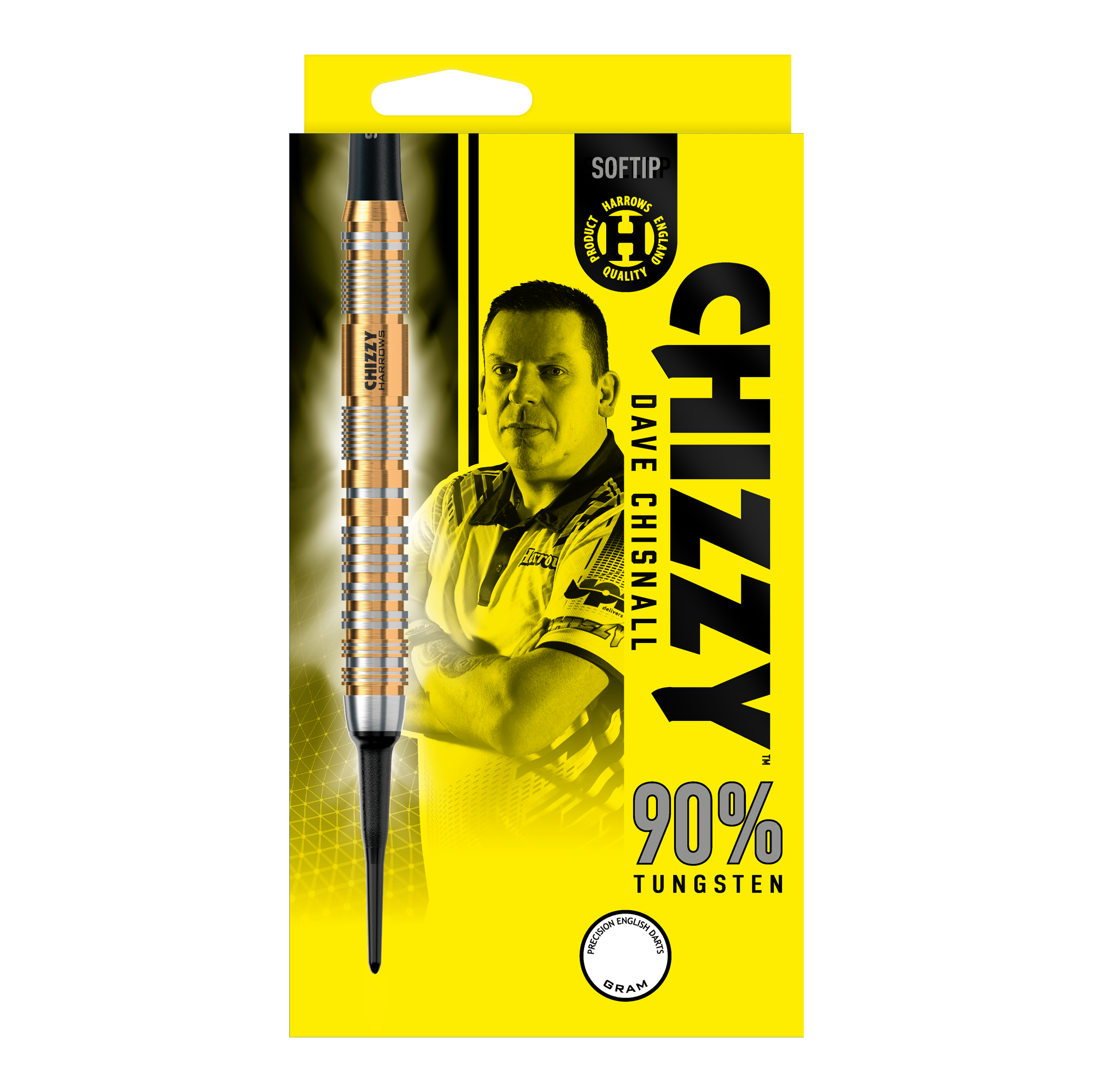 Fléchettes souples Dave Chisnall Chizzy Series 2 de Harrow Die Verpackung zeigt die "Harrows Dave Chisnall Chizzy Series 2 Softdarts" mit einem Bild von Dave Chisnall. Auf der gelben Schachtel steht, dass die Darts aus 90% Tungsten bestehen.