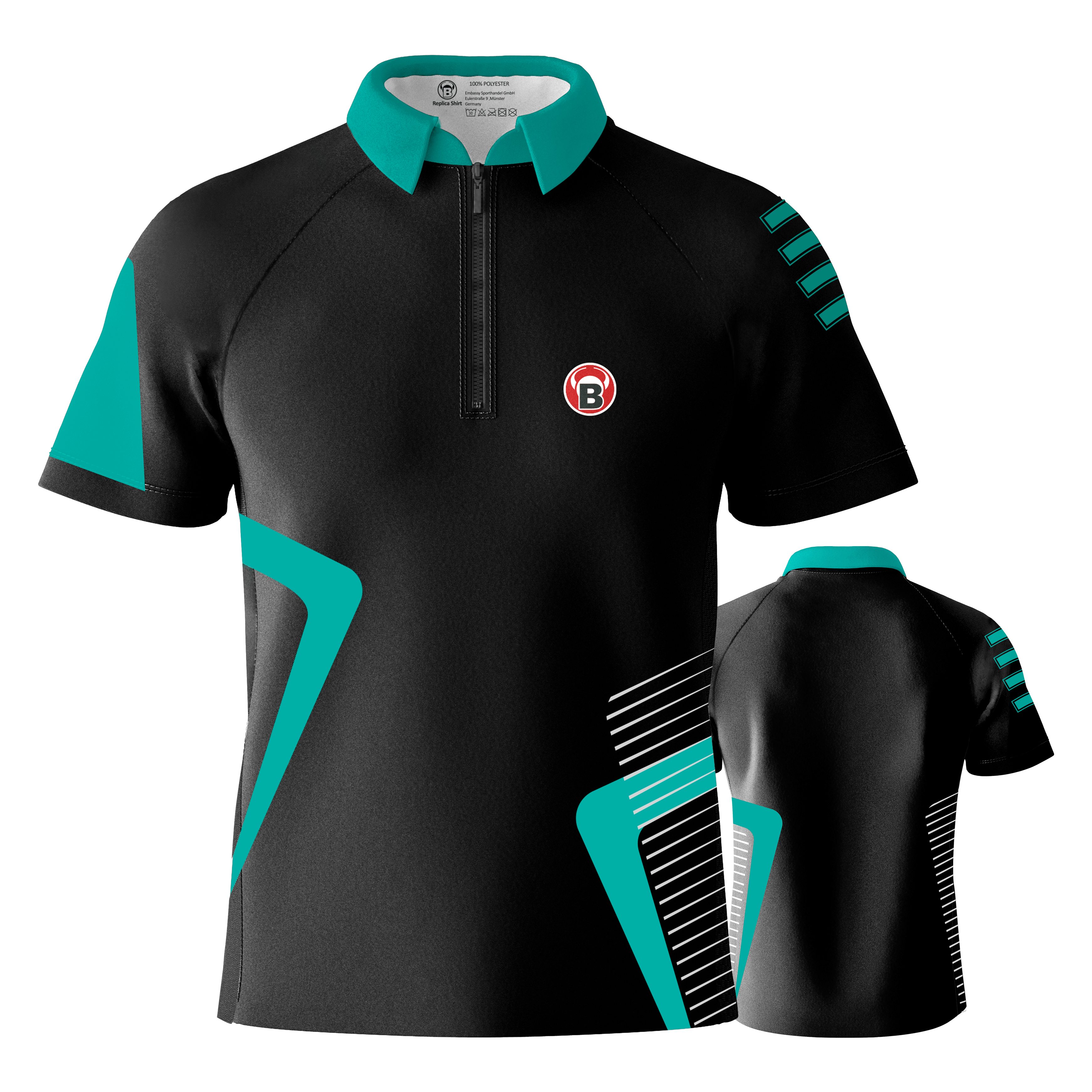 T-shirt Bulls Team Dart - Menthe Das Bild zeigt das Bulls Team Dartshirt in der Farbe Mint. Das Shirt ist überwiegend schwarz mit mintfarbenen Akzenten und einem kleinen Logo auf der Brust.