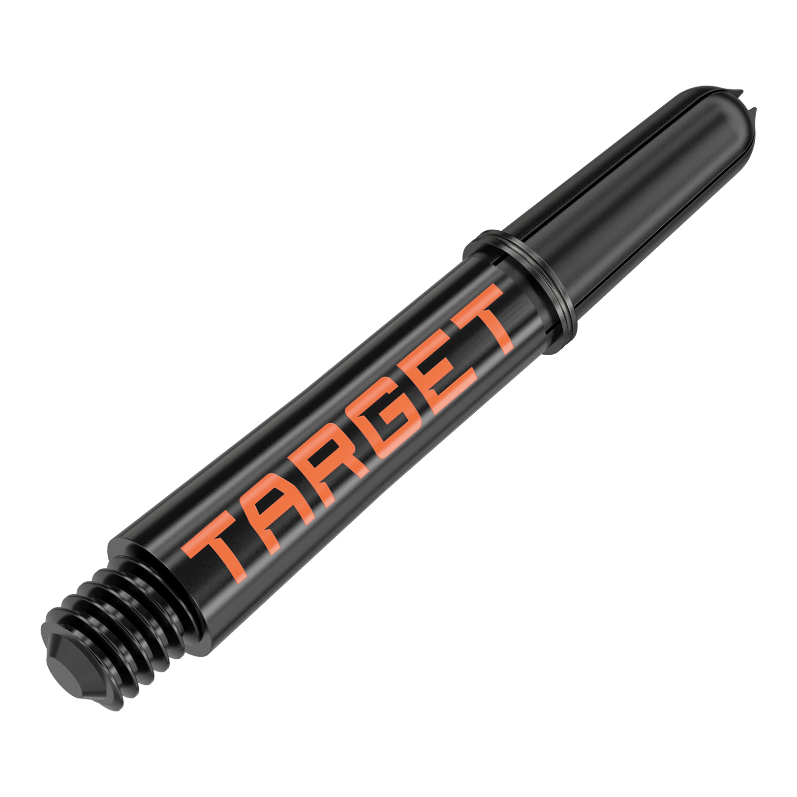 Das Bild zeigt einen schwarzen Dart-Schaft mit orangener Aufschrift "TARGET". Er hat ein Schraubgewinde an einem Ende und ist 34 mm lang.