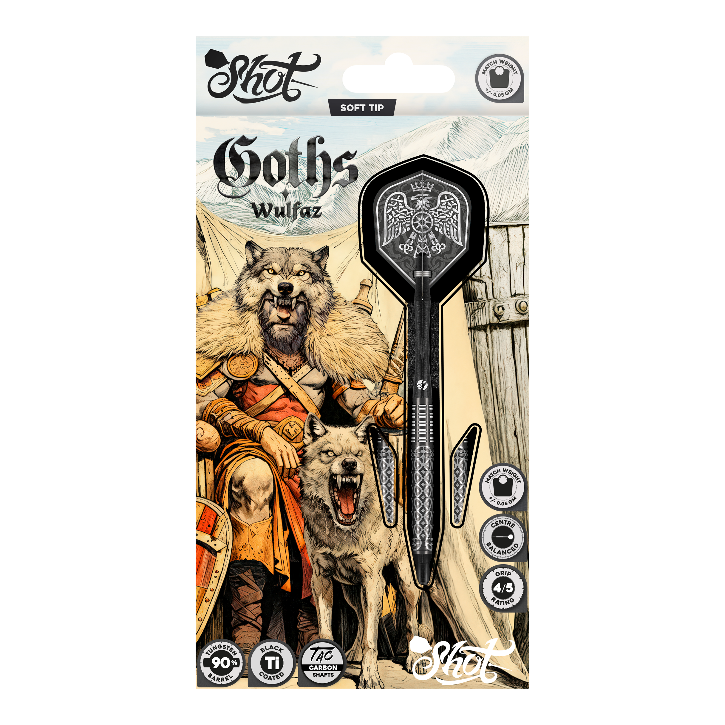 Fléchettes souples Shot Goths Wulfaz - 20 g Auf dem Bild sind die Shot Goths Wulfaz Softdarts mit 20g Gewicht zu sehen. Das moderne Design sorgt für ein optimales Dartspiel.