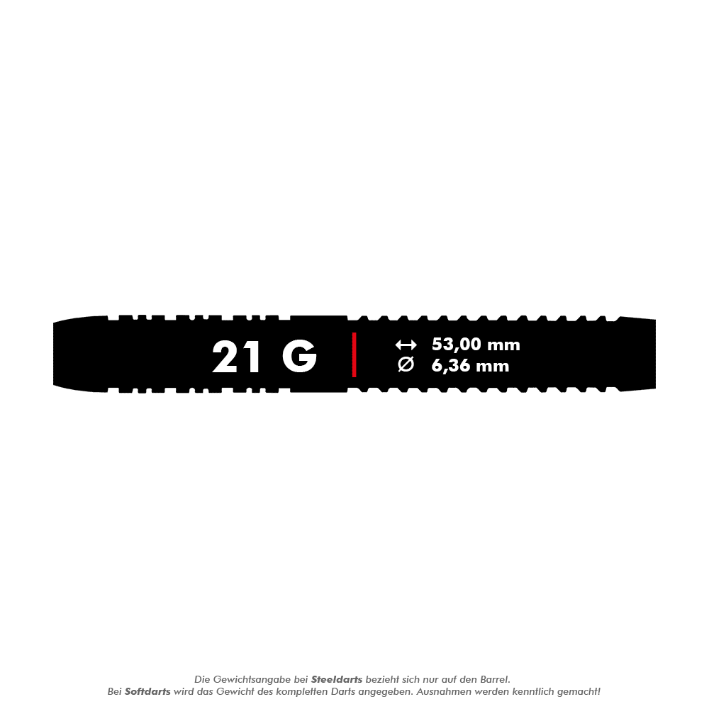 2466_Winmau_Florian_Hempel_Softdarts_5_21g Das Bild zeigt einen schwarzen Dart-Barrel mit der Aufschrift "21 G". Die Maße des Barrels sind 53,00 mm Länge und 6,36 mm Durchmesser.