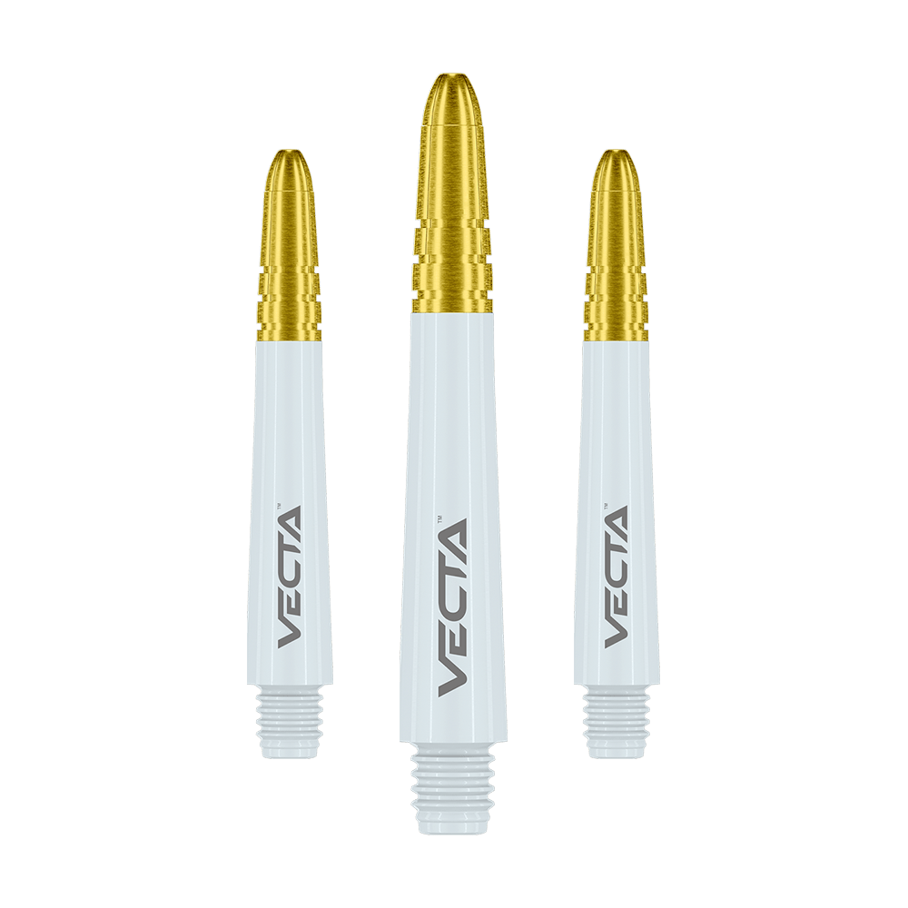Das Bild zeigt drei Dartschafts mit weißen Körpern und goldfarbenen Spitzen. Auf jedem Schaft steht das Wort "VECTA".