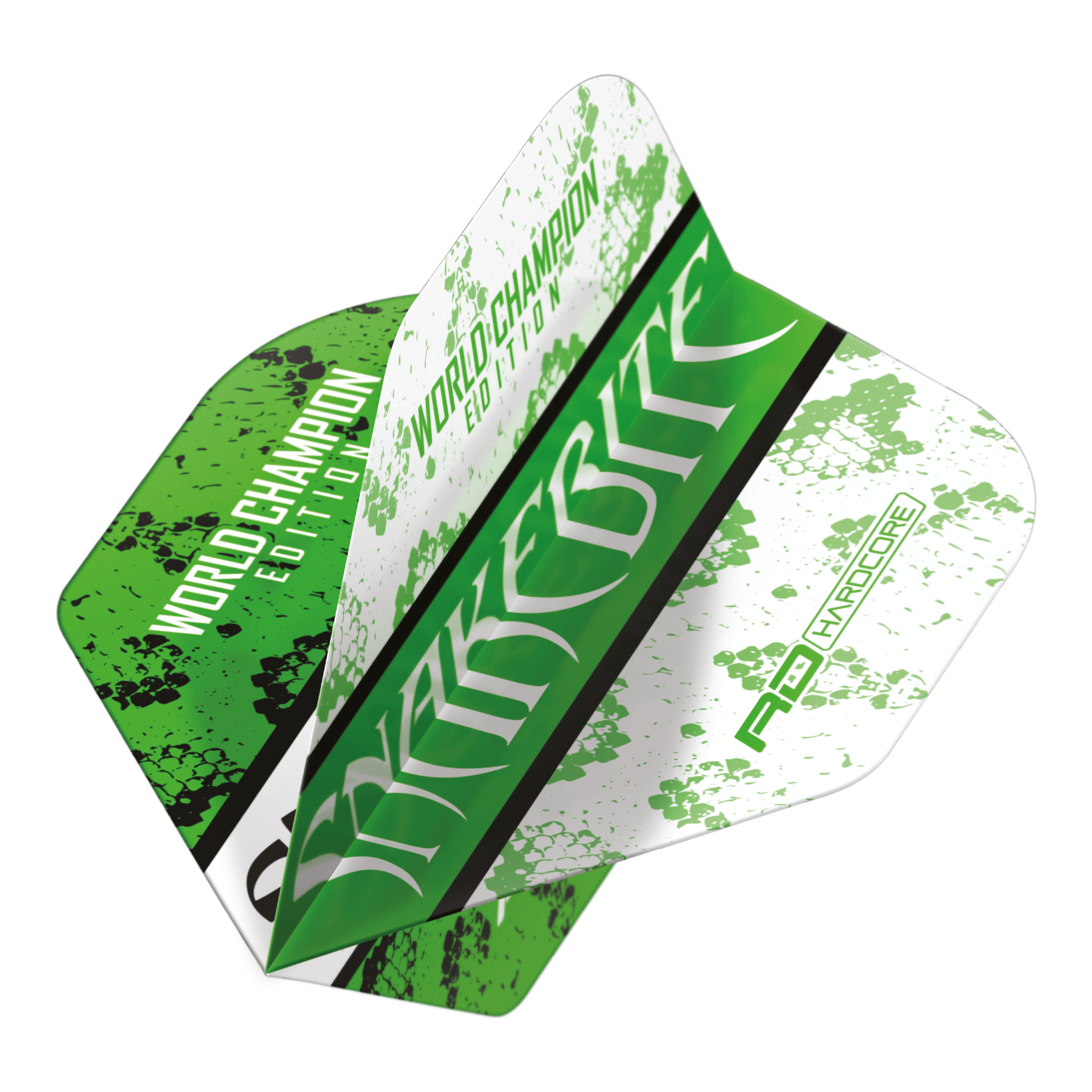 Dragon Rouge Peter Wright Morsure de Serpent Vert Blanc Yin Yang Vols Standard Das Bild zeigt ein Dart-Flight mit grün-weißem Design und dem Aufdruck "Snakebite" sowie "World Champion Edition". Es handelt sich um das Modell "Red Dragon Peter Wright Snakebite Green White Yin Yang Standard Flights".