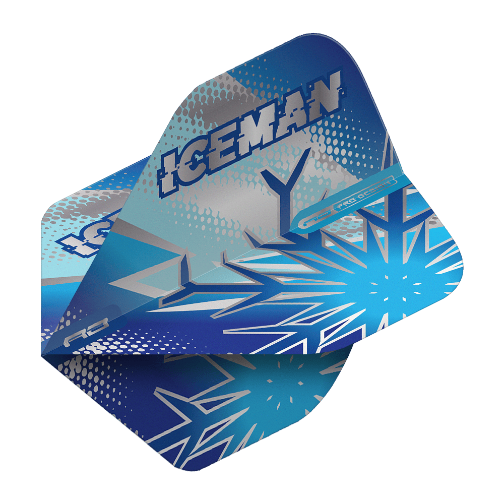 Vols standard Red Dragon Gerwyn Price Blue Flake No2 Das Bild zeigt die Dartflights „Red Dragon Gerwyn Price Blue Flake No2 Standard Flights“ in Blau mit Eiskristall-Design. Auf den Flights steht groß das Wort „ICEMAN“.