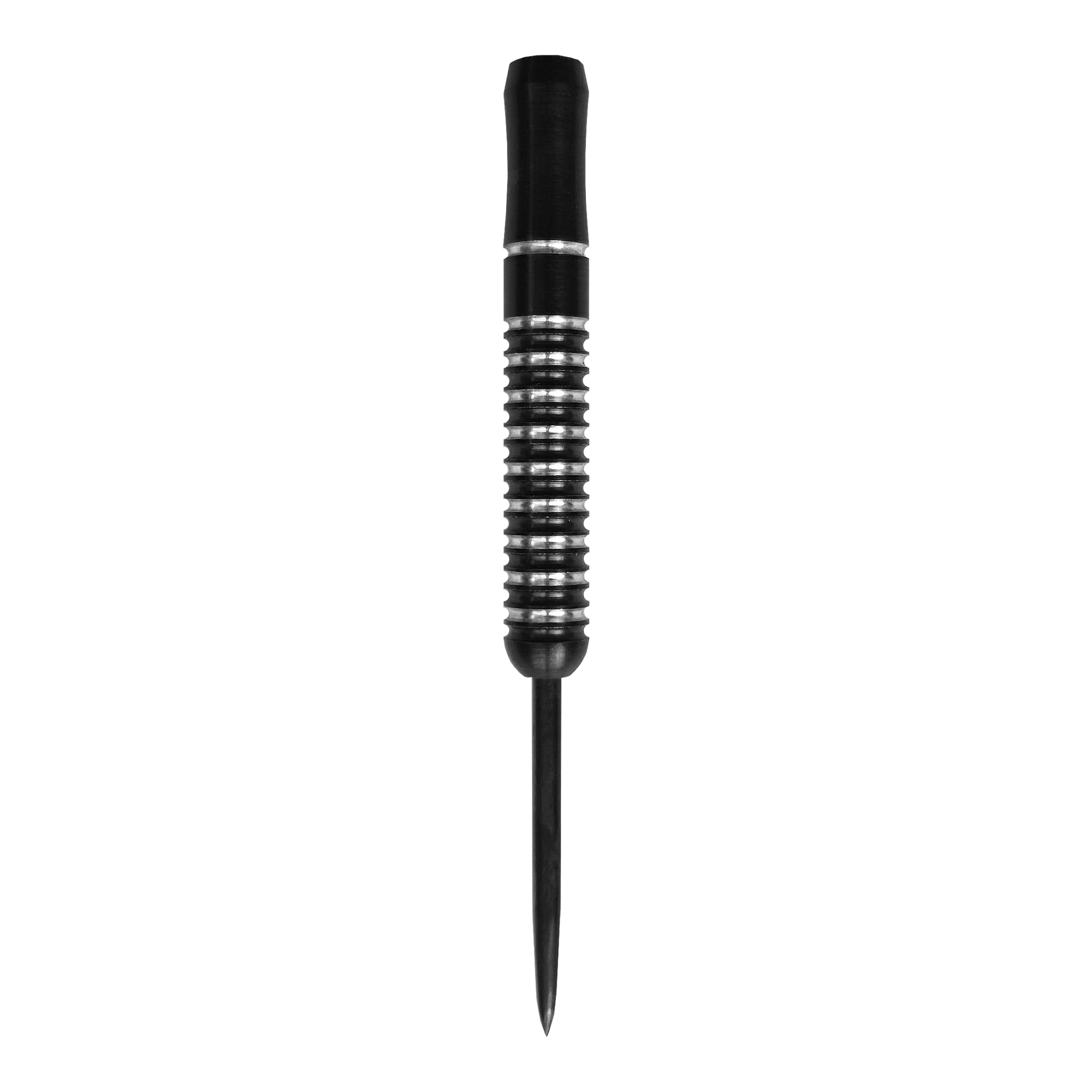 Flèches McDart Void Steeldart Barrels - 23 g Das Bild zeigt einen McDart Void Steeldart Barrel mit einem Gewicht von 23g. Der Dart hat ein schwarz-silbernes Rillenmuster und eine spitze Metallspitze.