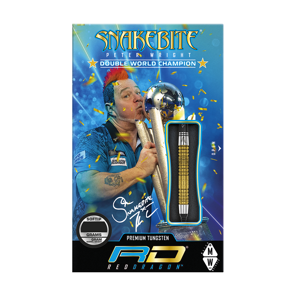 Fléchettes souples Red Dragon Peter Wright Double Champion du Monde SE Gold Plus - 20 g Das Bild zeigt die Verpackung der "Red Dragon Peter Wright Double World Champion SE Gold Plus Softdarts - 20g". Auf der Verpackung ist ein Bild von Peter Wright mit Pokal und einem goldfarbenen Dart abgebildet.