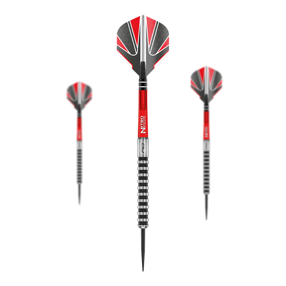 Fléchettes en acier noir Red Dragon Javelin Das Bild zeigt drei "Red Dragon Javelin Black Steeldarts" mit roten, schwarzen und silbernen Akzenten. Die Dartpfeile haben markante Flügel und eine geriffelte Griffzone.