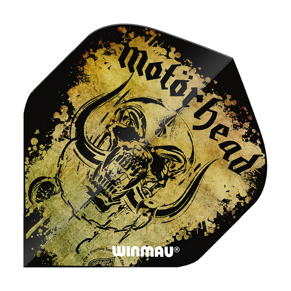6905-241_Winmau_Motorhead_Acid_Splat_Standard_Flights_1 Das Bild zeigt einen Dart-Flügel mit dem Schriftzug "Motörhead" und einem auffälligen Totenkopf-Design. Unten steht das Logo "Winmau" auf einem gelb-schwarzen, gesprenkelten Hintergrund.