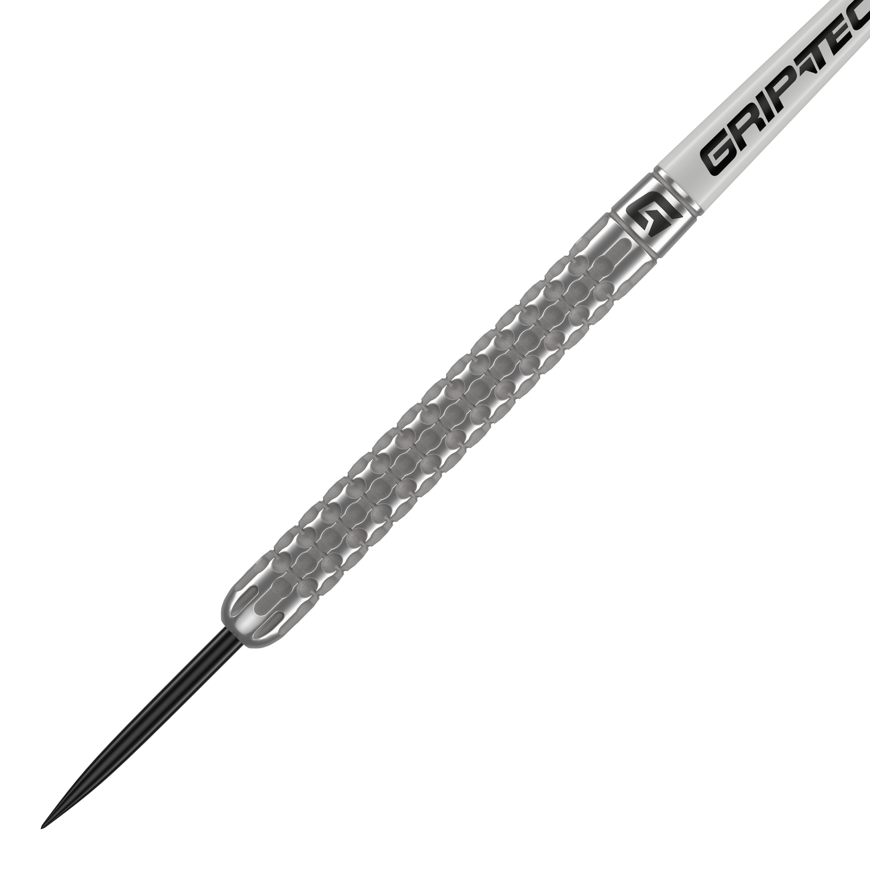 Fléchettes GOAT Fairway V1 en acier tungstène Das Bild zeigt einen GOAT Fairway V1 Tungsten Steeldart. Der Dart hat eine silberne, strukturierte Oberfläche und eine schwarze Spitze.