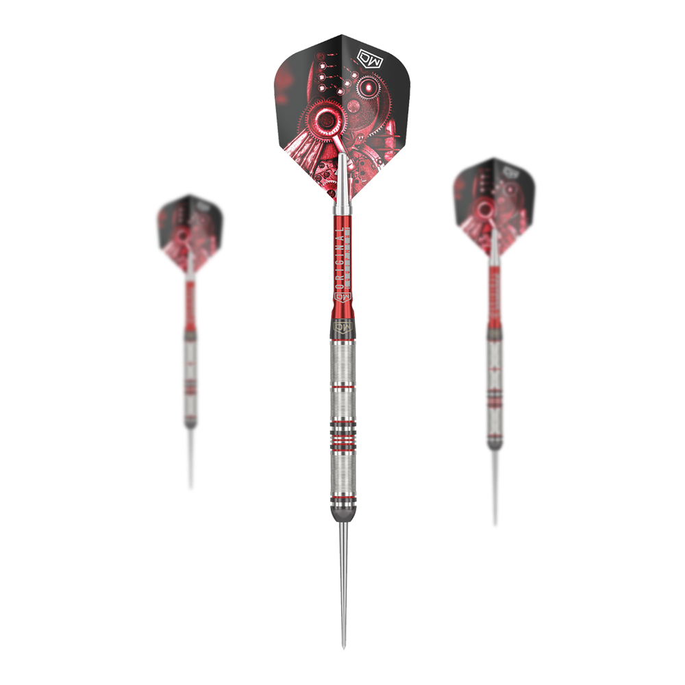 Fléchettes en acier DW Piranha Razor 01 Das Bild zeigt drei Steeldarts des Produkts "DW Piranha Razor 01". Die Darts haben silberne Griffe mit roten Akzenten und Flights mit einem roten Zahnrad-Motiv.