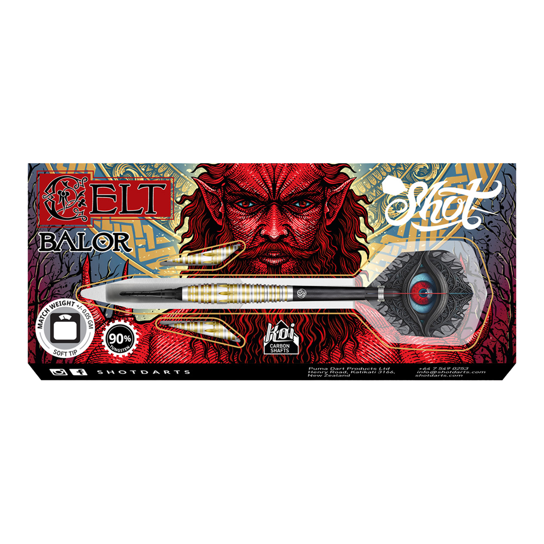 Fléchettes souples Shot Celt Balor Die Abbildung zeigt die „Shot Celt Balor Softdarts“ in ihrer Verpackung. Auf der Verpackung ist ein auffälliges, rotes Fantasy-Gesicht im Hintergrund zu sehen.