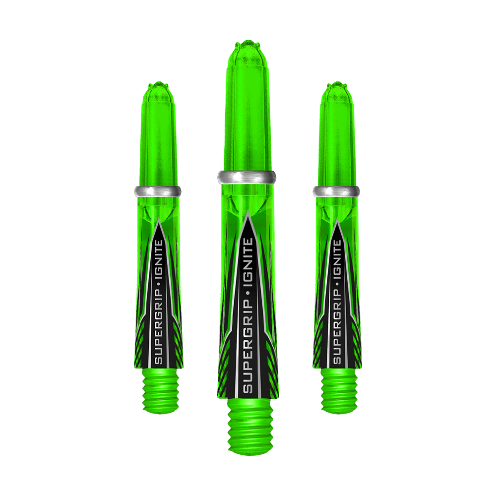 HR389_Harrows_Supergrip_Ignite_Shafts_Gr-n_33mm_1 Zu sehen sind Harrows Supergrip Ignite Shafts. Die Dartschäfte weisen ein modernes Design auf.