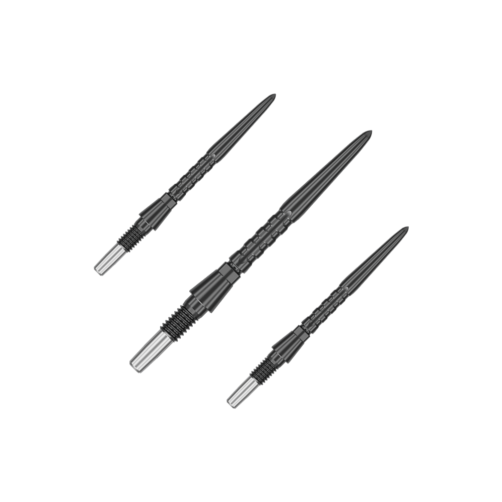 Das Bild zeigt drei schwarze Steeldartspitzen, die parallel angeordnet sind. Sie haben eine metallische Aufnahme am hinteren Ende und eine strukturierte Oberfläche.