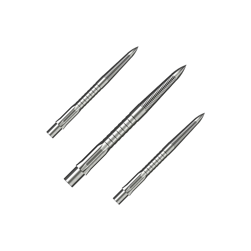 Pointes de fléchettes en acier Caliburn System - Micro Grip - Argent Das Bild zeigt drei silberne Steeldartspitzen mit feinem Micro-Grip. Sie sind 28 mm lang und sauber nebeneinander angeordnet.