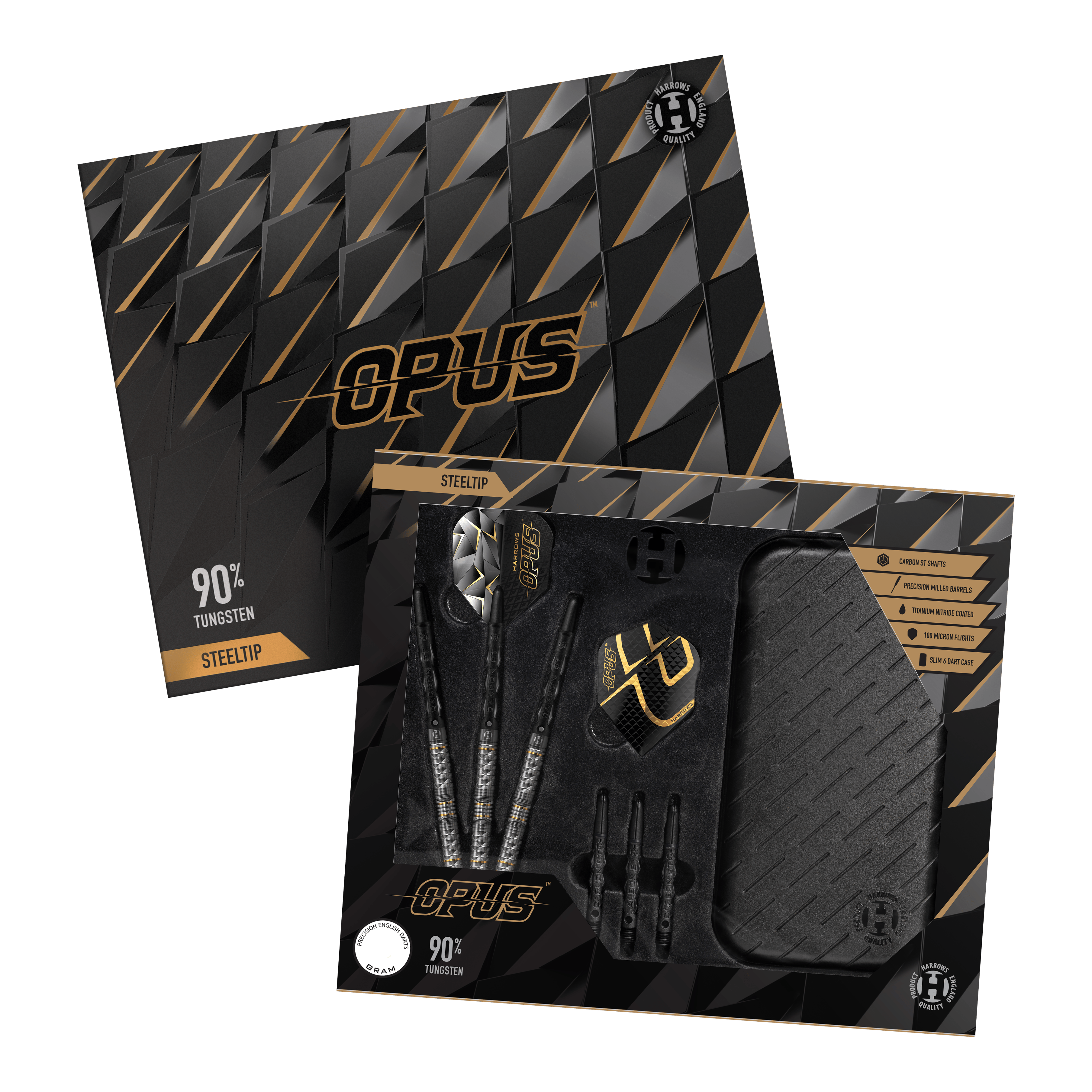 Fléchettes en acier Harrows Opus Das Bild zeigt das Produkt "Harrows Opus Steeldarts" in einer eleganten, schwarz-goldenen Verpackung. Im Inneren sind die Steeldarts, Flights, Shafts und ein Dartcase sichtbar angeordnet.