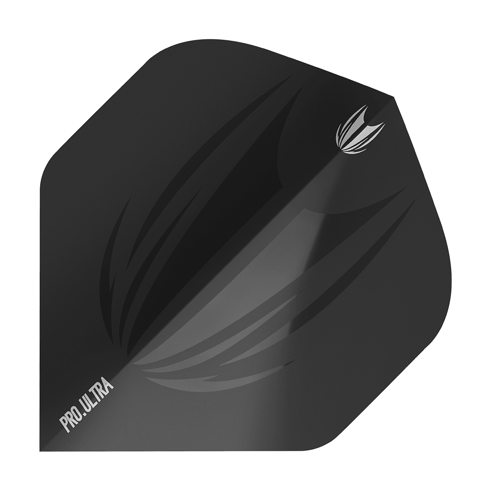 TG408_Target_ProUltra_ID_Black_No2_Standard_Flights_1 Das Bild zeigt das Produkt "Target ProUltra ID Black No2 Standard Flights". Es handelt sich um ein schwarzes Dart-Flügel mit dezentem Muster und weißem "PRO ULTRA"-Schriftzug.