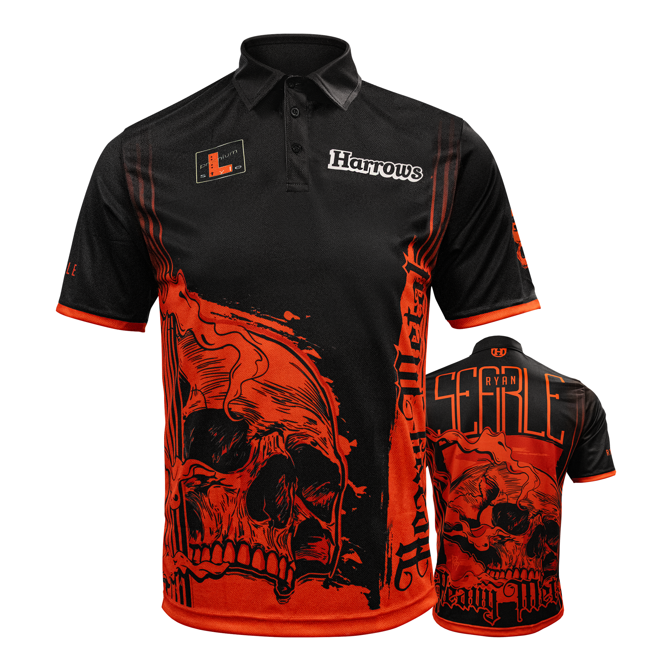 T-shirt de joueur de heavy metal Ryan Searle de Harrow Gezeigt wird das Harrows Ryan Searle Heavy Metal Playershirt. Dieses Produkt ist ein Spielertrikot für Dartfans.