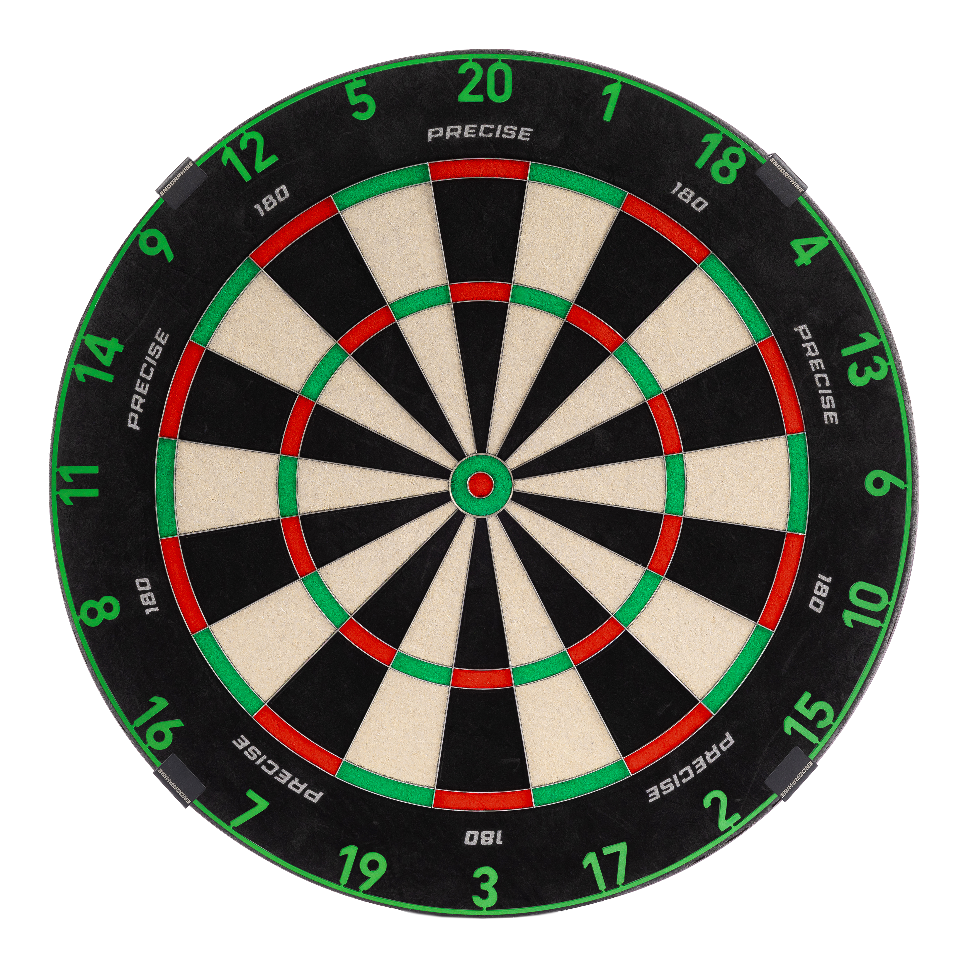 Cible de fléchettes Precise 180 Endorphine en acier avec anneau numéroté - Vert émeraude Zu sehen ist ein Precise 180 Endorphine Steeldartboard mit Nummernring. Es bietet ein klassisches Dartboard-Design.