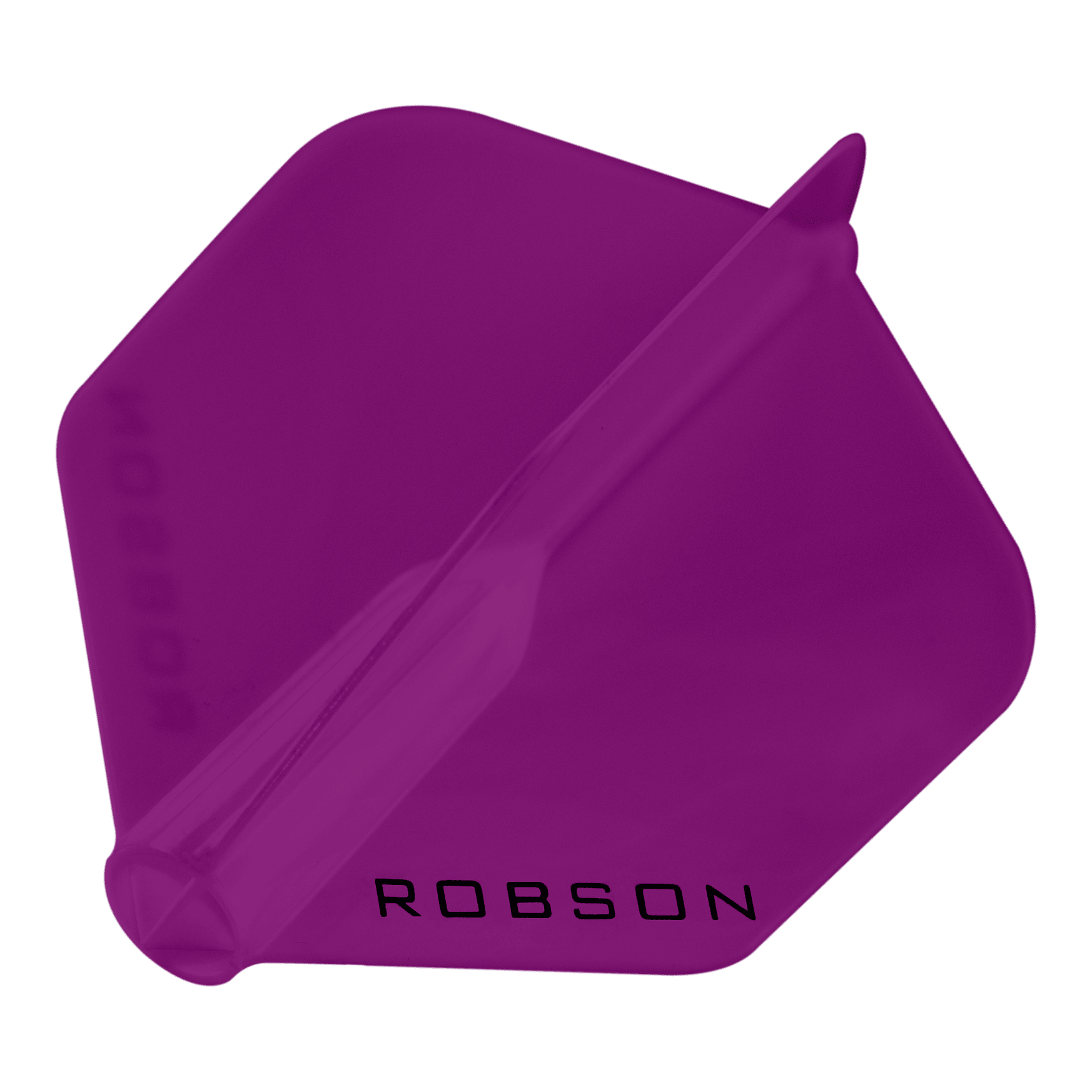 Vols Robson Plus - Standard Das Bild zeigt ein violettes Dartflight mit sechseckiger Form. Auf dem Flight steht das Wort "ROBSON" in schwarzen Buchstaben.