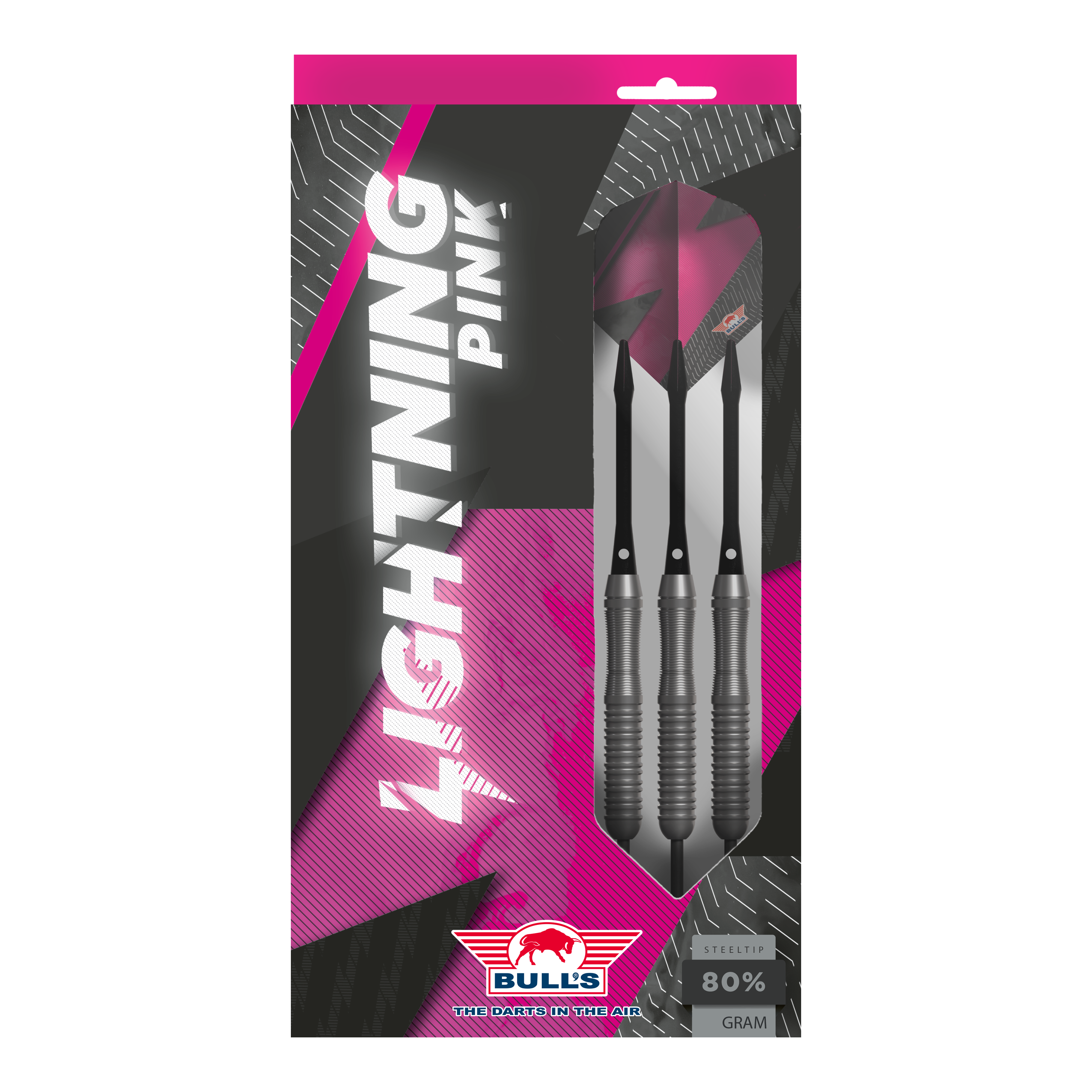 Fléchettes en acier Bulls NL Lightning Pink Das Bild zeigt eine Verpackung der "Bulls NL Lightning Pink Steeldarts". Die Darts sind in Schwarz und Pink gestaltet und haben einen Stahlspitze.