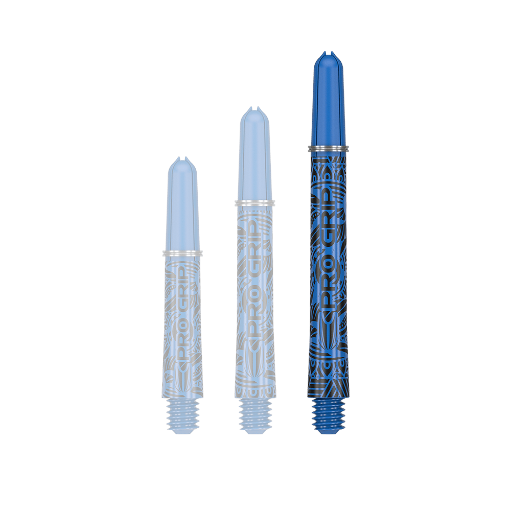 Tiges Target Pro Grip Ink - 3 jeux - Bleues Auf dem Bild sind drei blaue Dartschäfte in unterschiedlichen Längen zu sehen. Sie tragen die Aufschrift "Pro Grip" und haben ein auffälliges Muster.