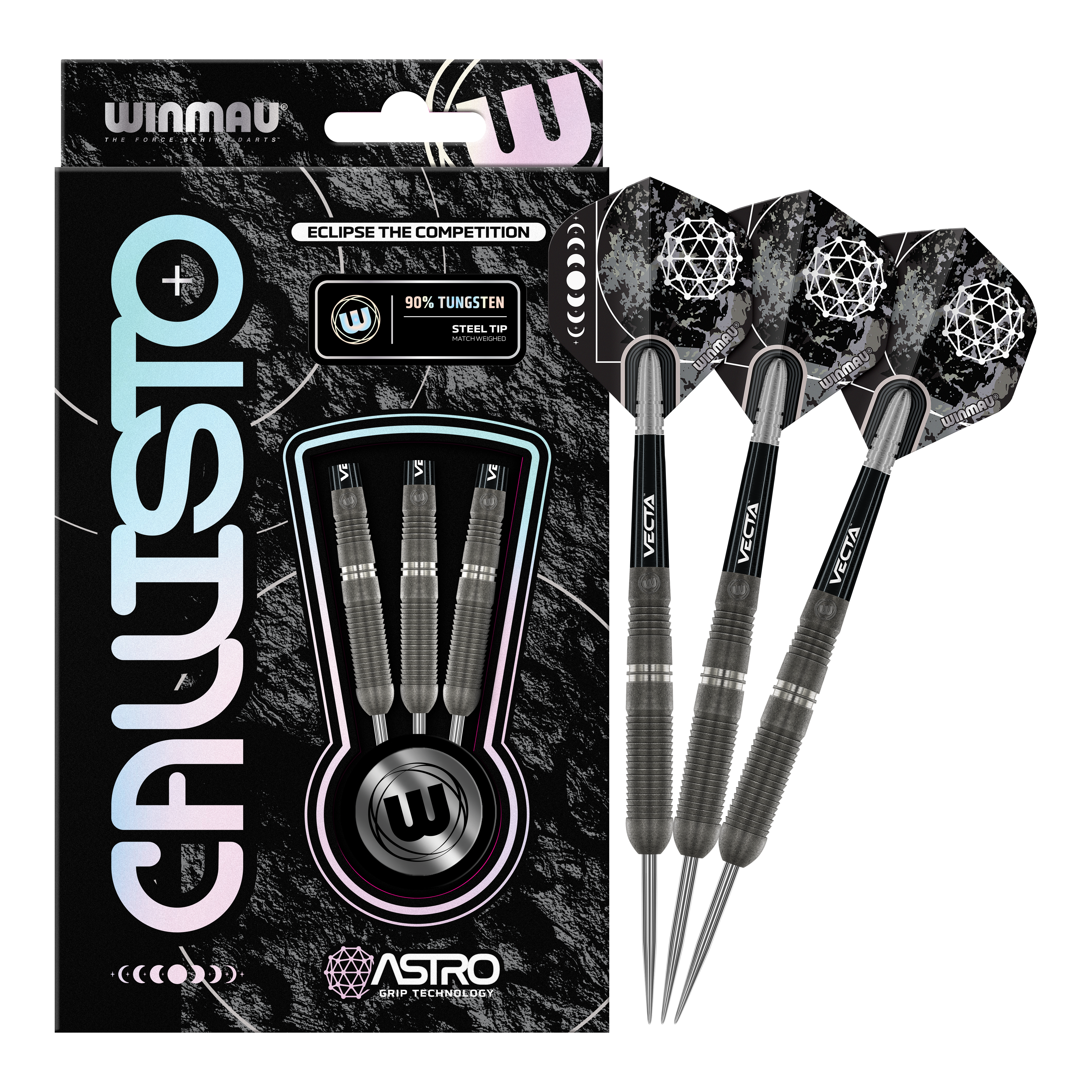 Fléchettes en acier Winmau Callisto 03 Das Bild zeigt die "Winmau Callisto 03 Steeldarts" in ihrer Verpackung. Rechts daneben sind drei ausgepackte Steeldarts mit schwarzem Design zu sehen.