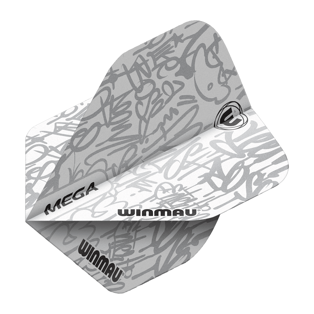 6900-243_Winmau_Mega_White_Standard_Flights_2 Das Bild zeigt die "Winmau Mega White Standard Flights" mit einem weißen Hintergrund und grauen grafischen Mustern. Auf den Flights sind die Wörter "MEGA" und "WINMAU" deutlich zu erkennen.