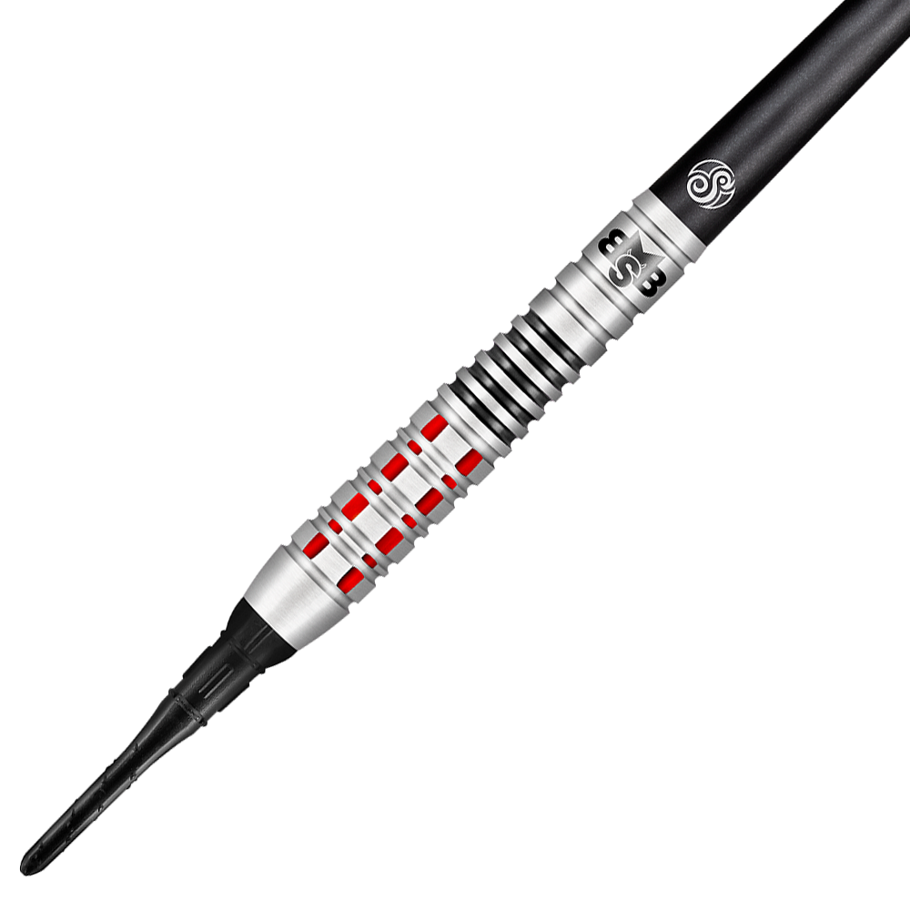 Shot Michael Smith Croyez aux fléchettes souples Das Bild zeigt einen Shot Michael Smith Believe Softdart. Der Dart hat ein silbernes Design mit roten und schwarzen Akzenten.