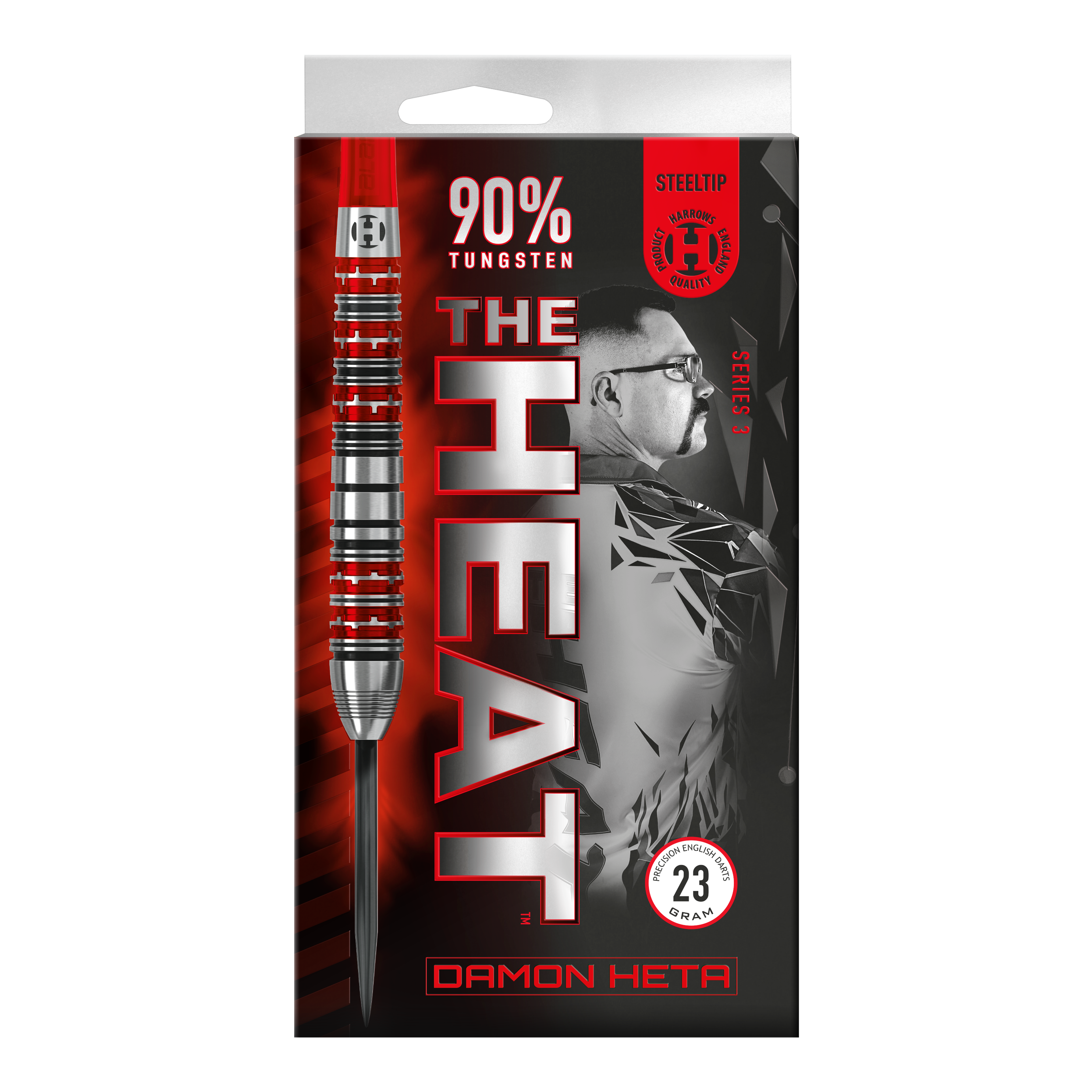 Fléchettes en acier Damon Heta Series 3 de Harrow Die Verpackung zeigt die "Harrows Damon Heta Series 3 Steeldarts" mit einem markanten Design in Rot und Schwarz. Auf der Vorderseite sind Informationen wie 90% Tungsten und ein Bild von Damon Heta abgebildet.