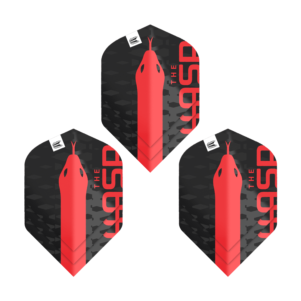 Ailettes Standard Target Pro Ultra Nathan Aspinall No2 - 3 jeux Das Bild zeigt drei schwarze Dart-Flights mit einem roten Schlangenkopf und der Aufschrift "THE ASP". Es handelt sich um das Produkt "Target Pro Ultra Nathan Aspinall No2 Standard Flights - 3 Sets".