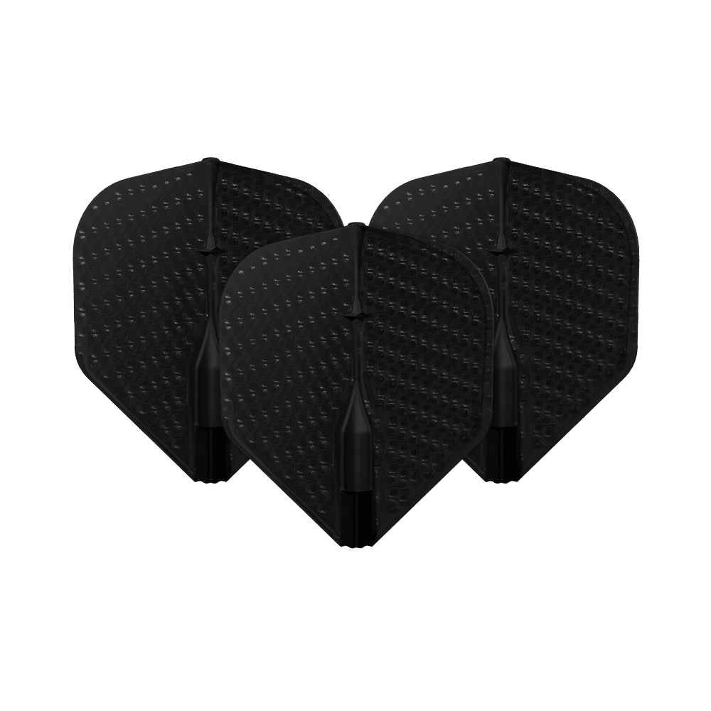 Vols L-Style Champagne à fossettes L1EZ Standard Auf dem Bild sind drei schwarze Dart-Flights mit Dimple-Oberfläche zu sehen. Sie stehen nebeneinander und sind identisch geformt.