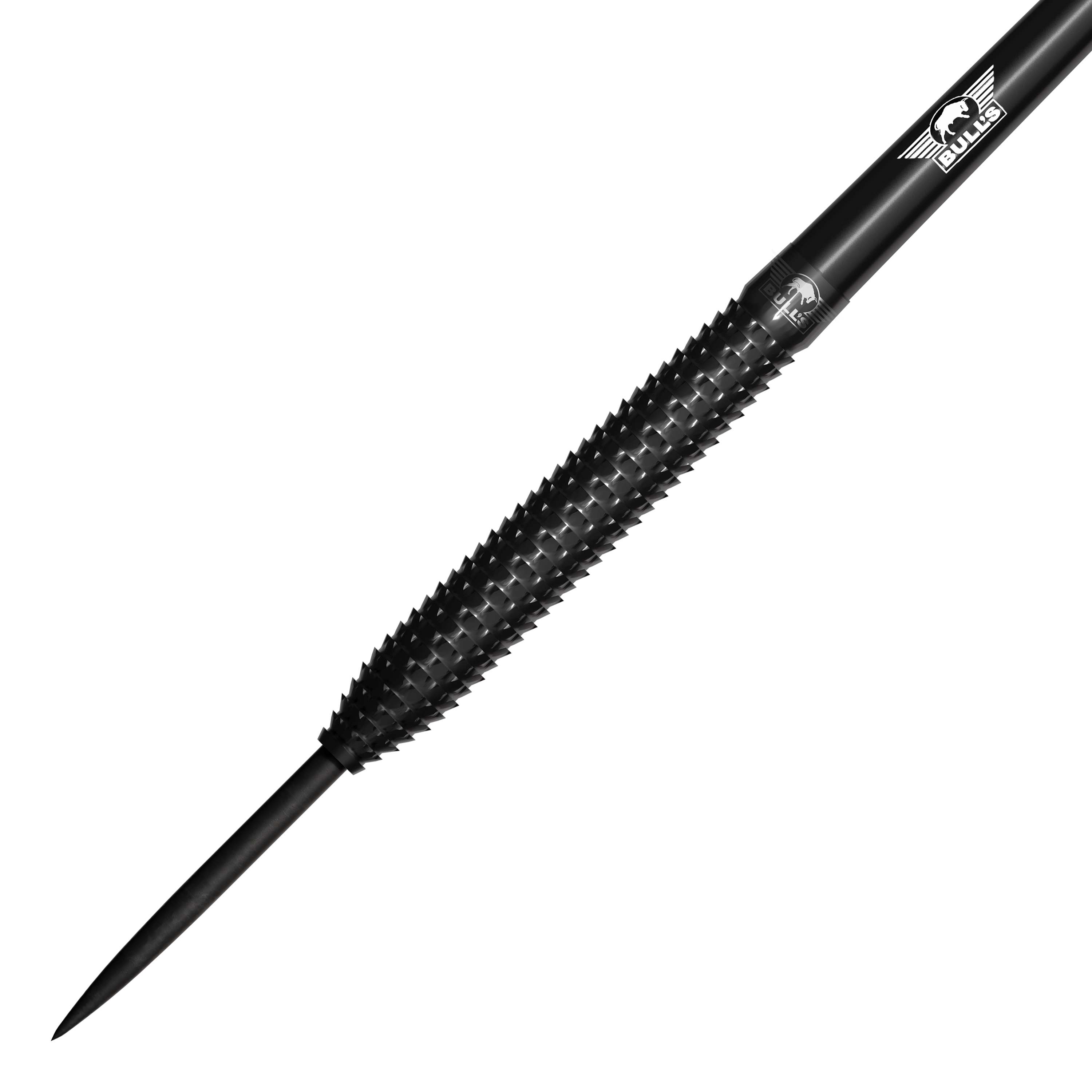 Fléchettes Bulls NL Shark Pro en acier noir Das Bild zeigt einen schwarzen Steeldart mit einer strukturierten Griffzone. Auf dem Dart ist das Bulls NL Logo zu sehen.