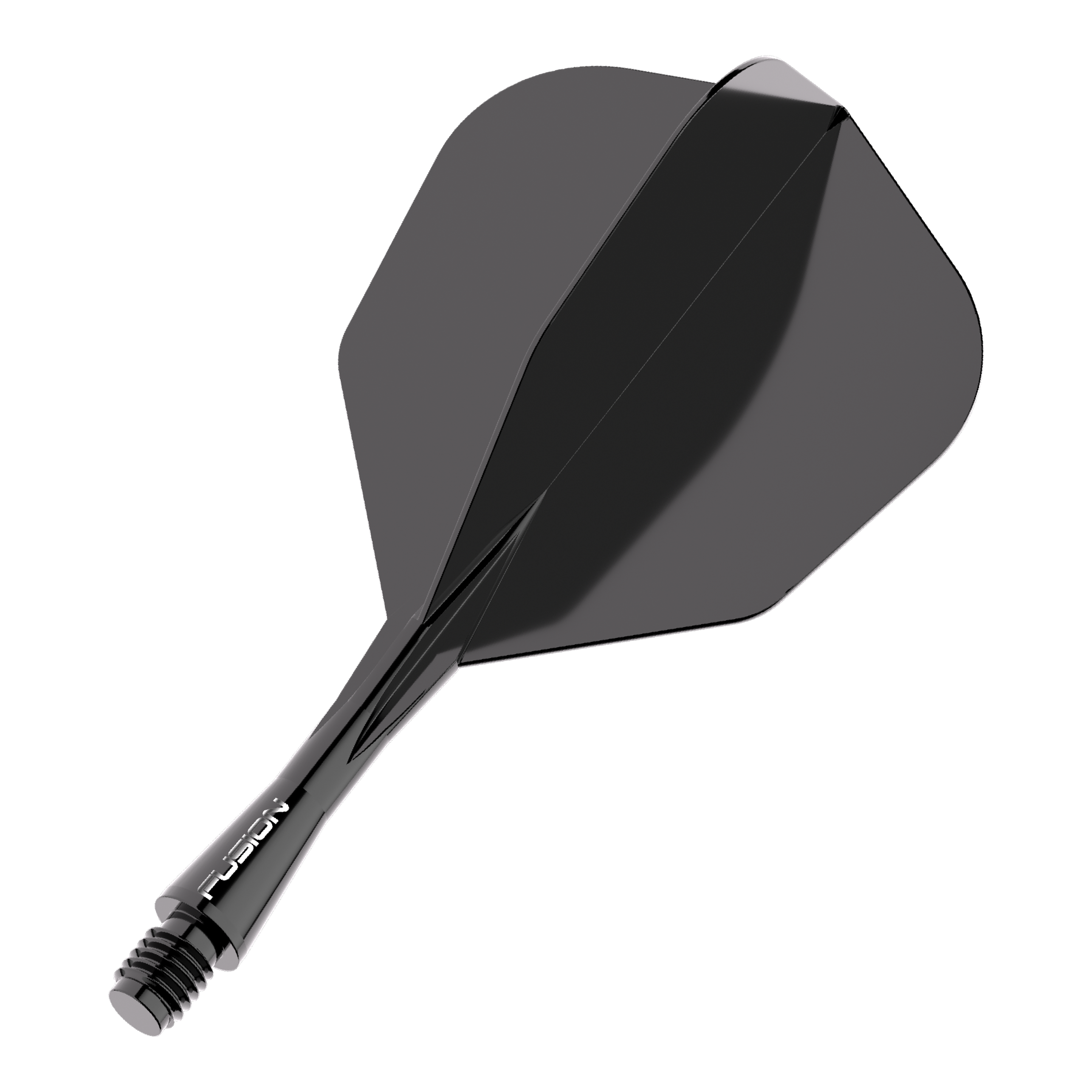 Système d'arbre de vol Winmau Fusion No6 Noir Das Bild zeigt ein schwarzes Dart Flight-Schaft-System. Es trägt den Schriftzug "FUSION" auf dem Schaft und hat eine glänzende Oberfläche.