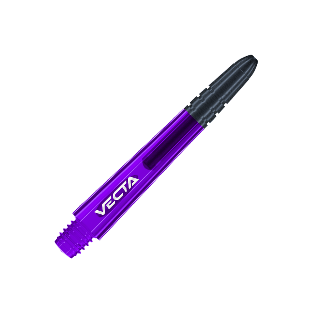 Tiges Winmau Vecta - Violet Noir Das Bild zeigt einen lila und schwarzen Dart-Schaft mit der Aufschrift "VECTA". Der Schaft hat ein glattes, modernes Design und misst 37 mm.