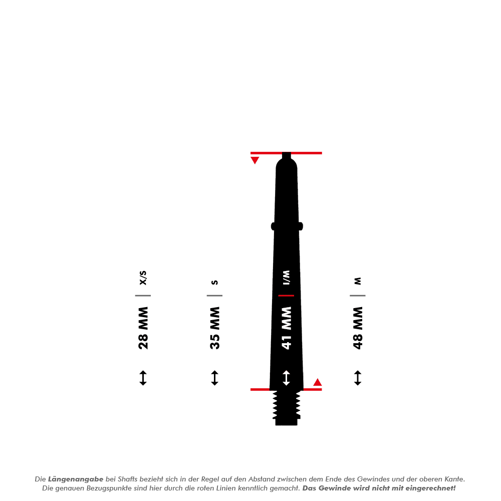 Das Bild zeigt die „Bulls B-Grip-2 SL Shafts“ in Weiß mit verschiedenen Längenangaben. Die Längenoptionen sind 28 mm (XS), 35 mm (S), 41 mm (M/W), und 48 mm (M).
