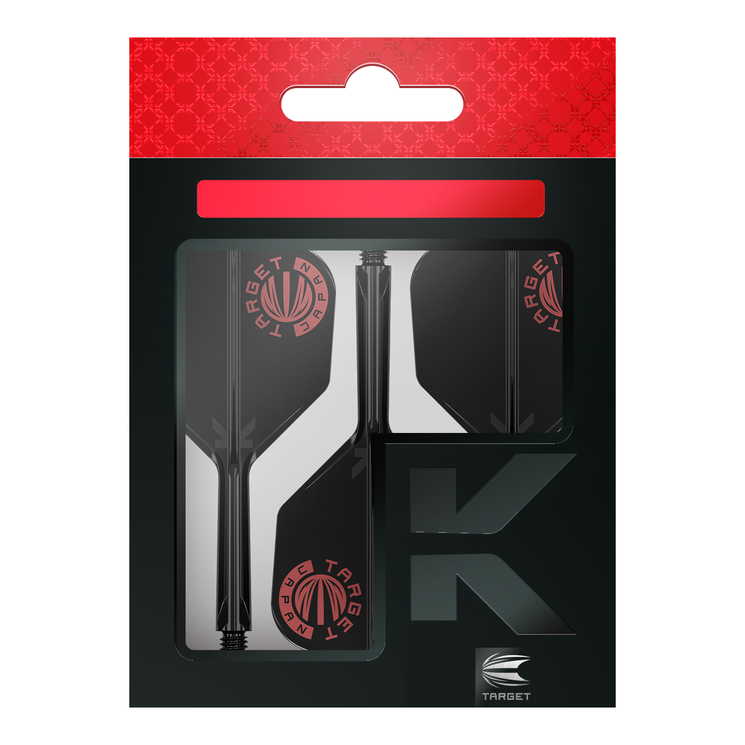Target Japan K-Flex Original Logo Rouge Noir No6 Système d'arbre de vol Das Bild zeigt die Verpackung des Produkts "Target Japan K-Flex Original Logo Red Black No6 Flight-Shaft-System". Die Verpackung ist schwarz mit roten Akzenten und dem Target-Logo sichtbar.
